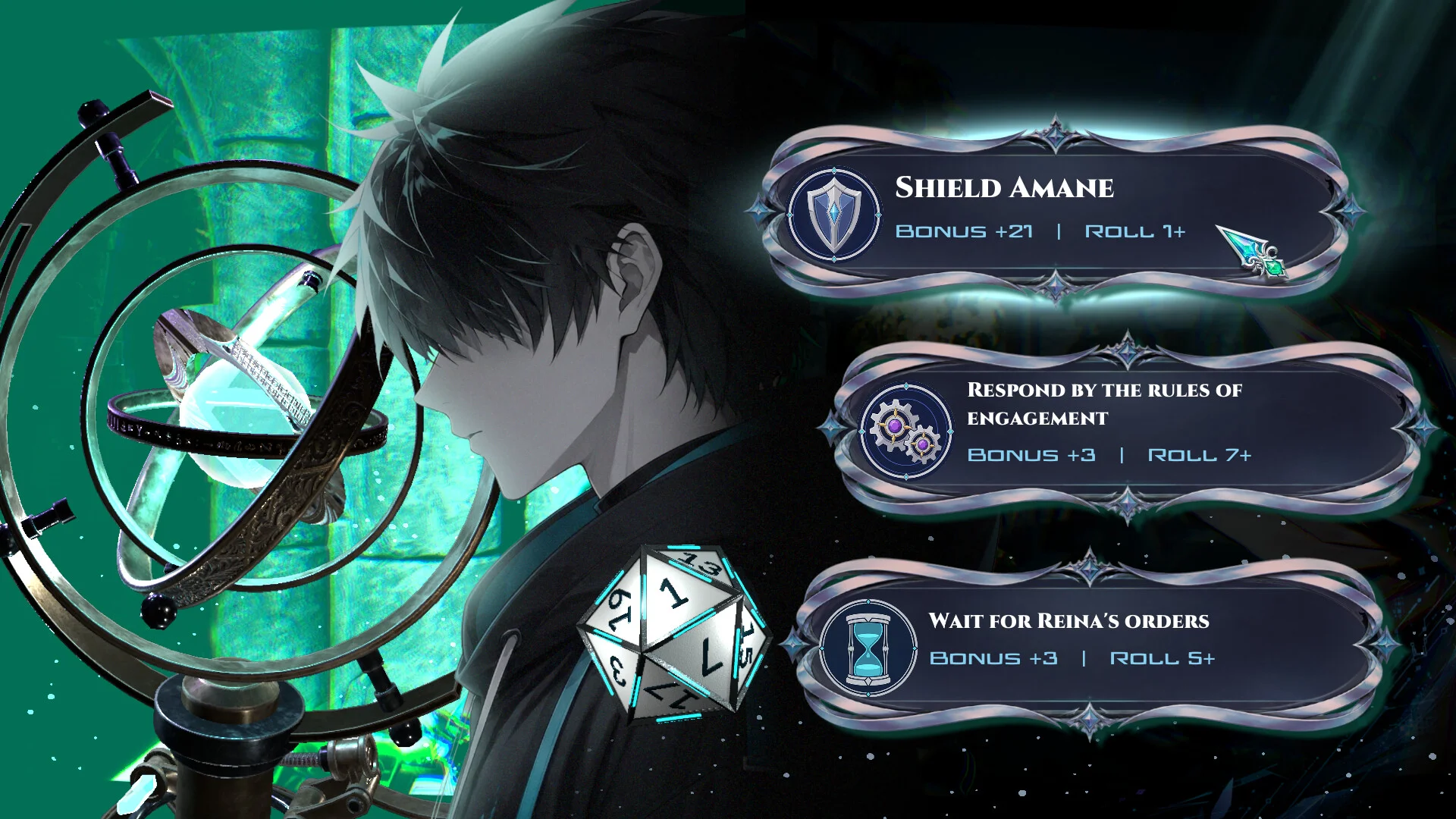 Kaito stands beside a mechanical sphere and a die while three choices appear on screen.