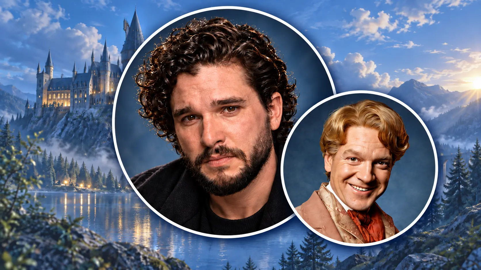 AI-assisted collage of Kit Harington and Kenneth Branagh as Gilderoy Lockhart in overlapping circles against a blue castle backdrop.