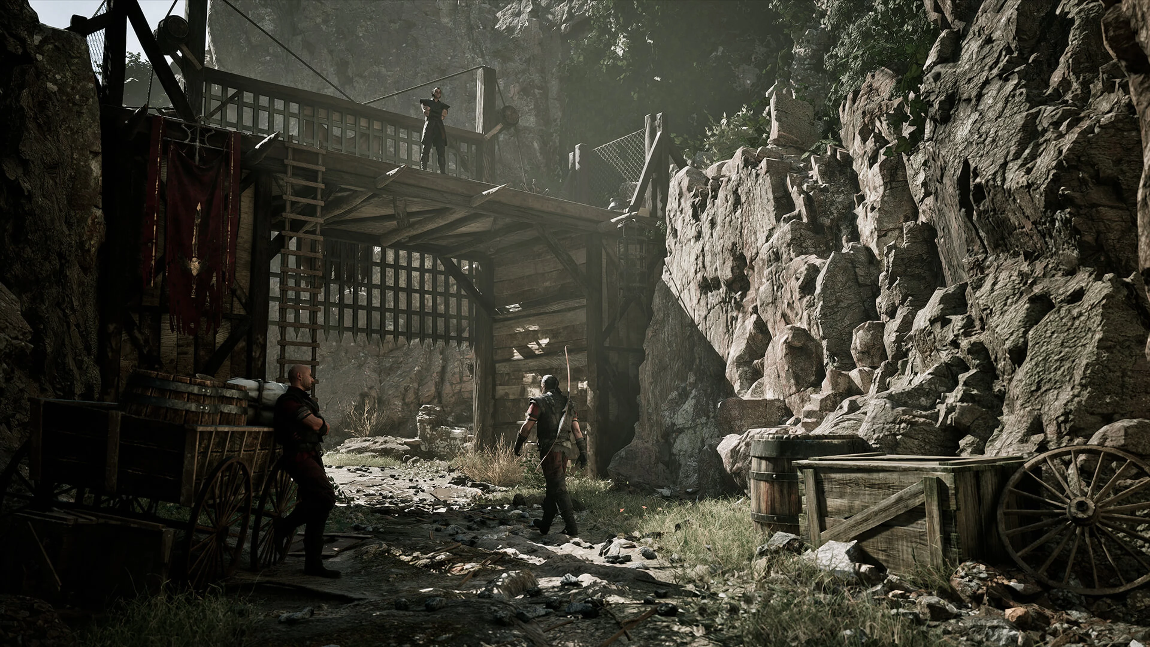 The Nameless Hero walks through a guarded mining settlement in Gothic 1 Remake.