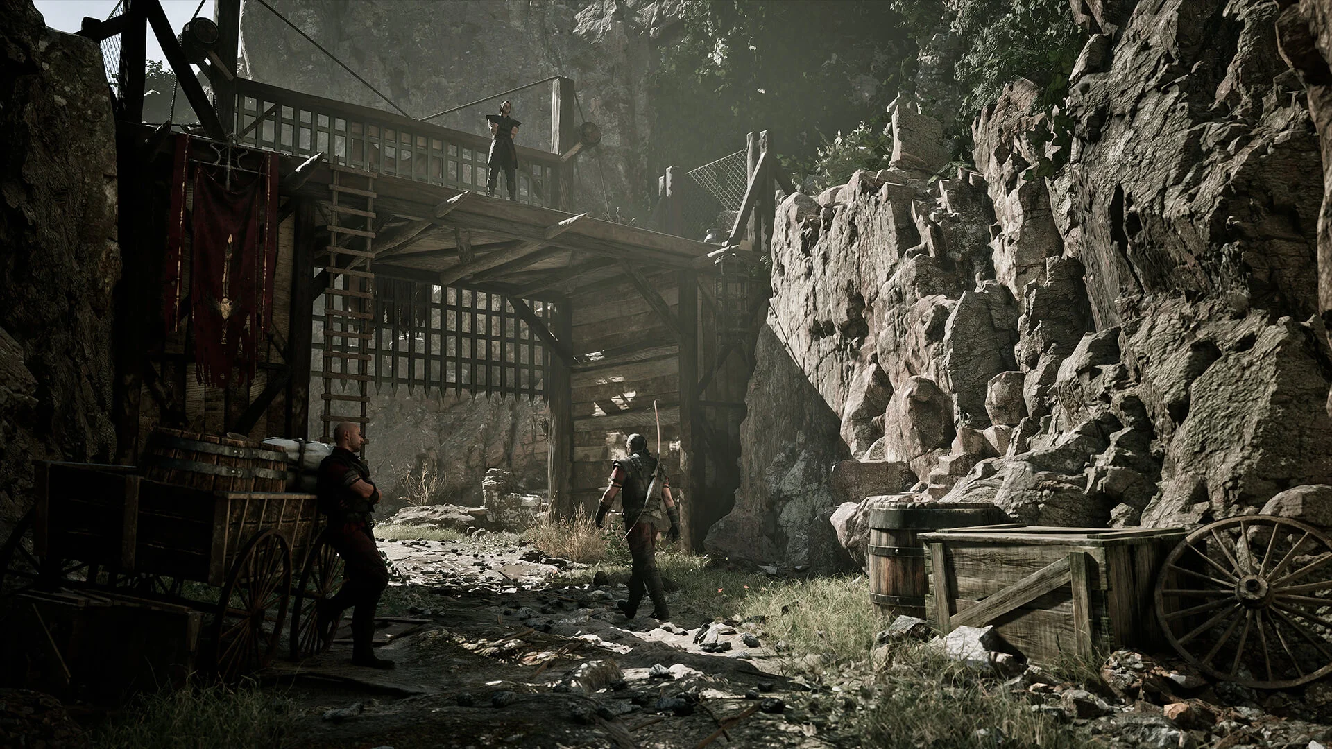 The Nameless Hero walks through a guarded mining settlement in Gothic 1 Remake.