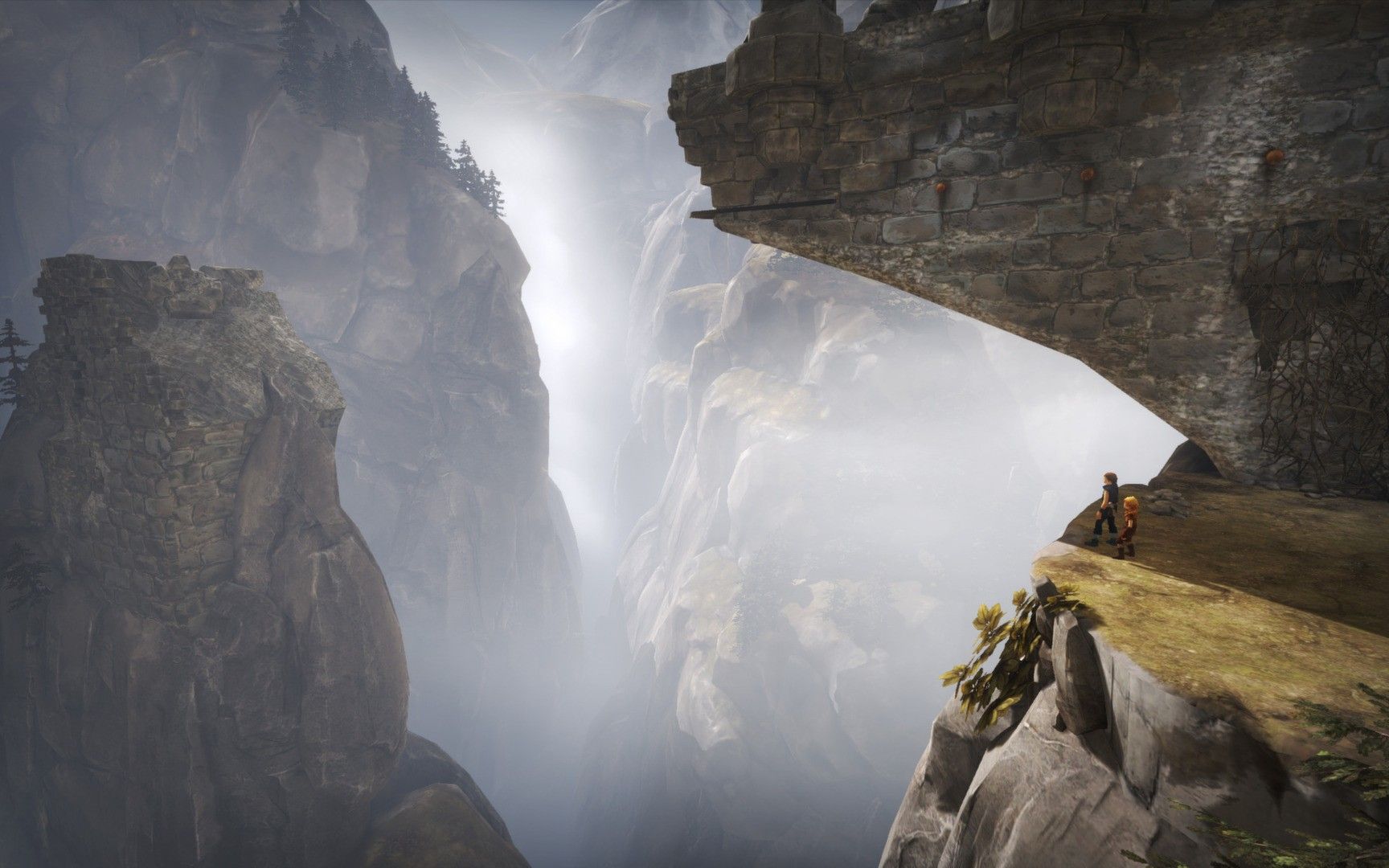 One brother stands on a rocky ledge above a deep mountain valley.