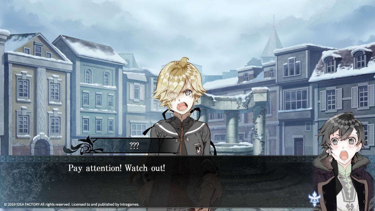 A blond character speaks in the winter town in Psychedelica of the Ashen Hawk.