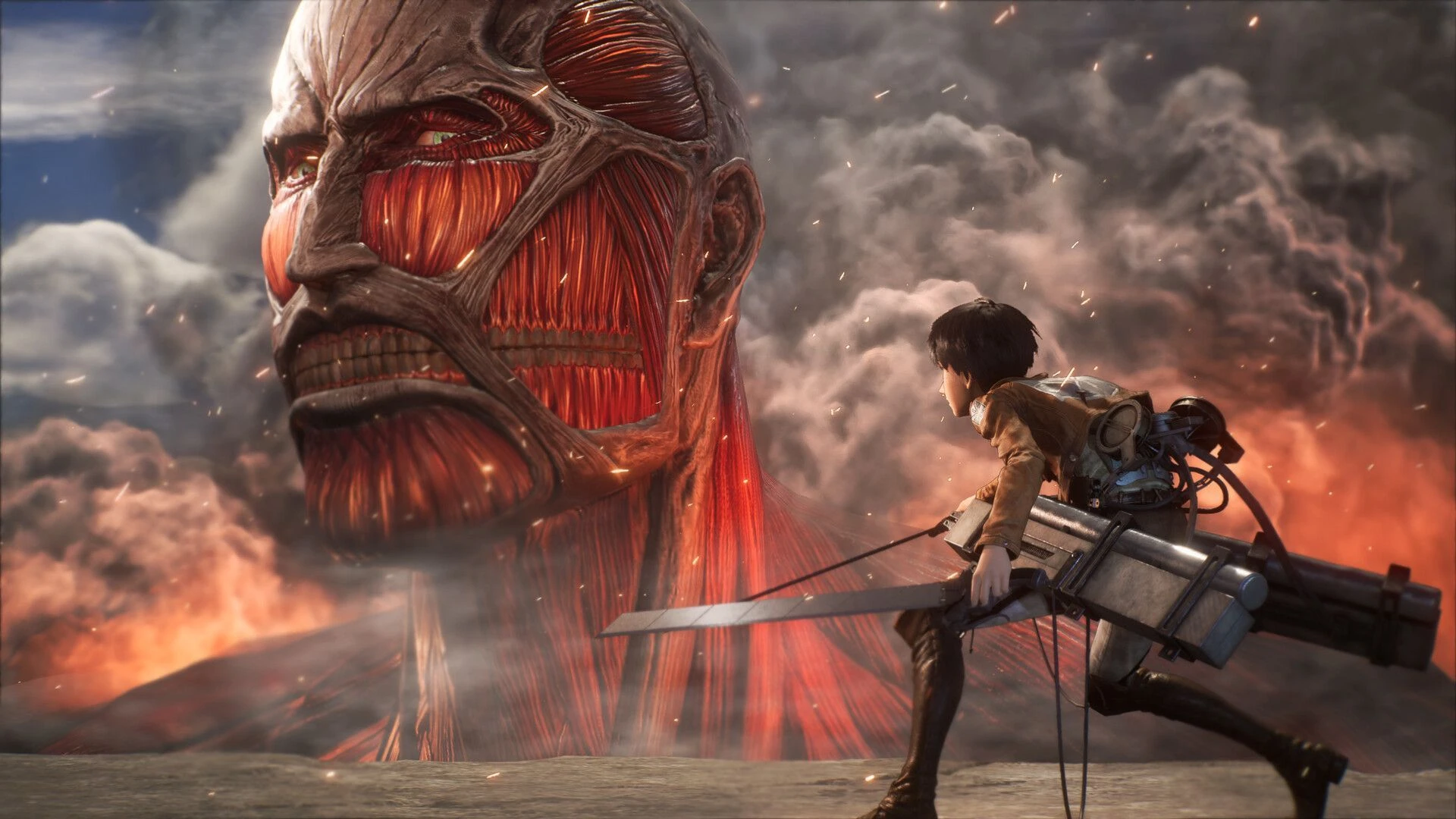 Attack on Titan 3 gameplay image showing Survey Corps action against a titan.