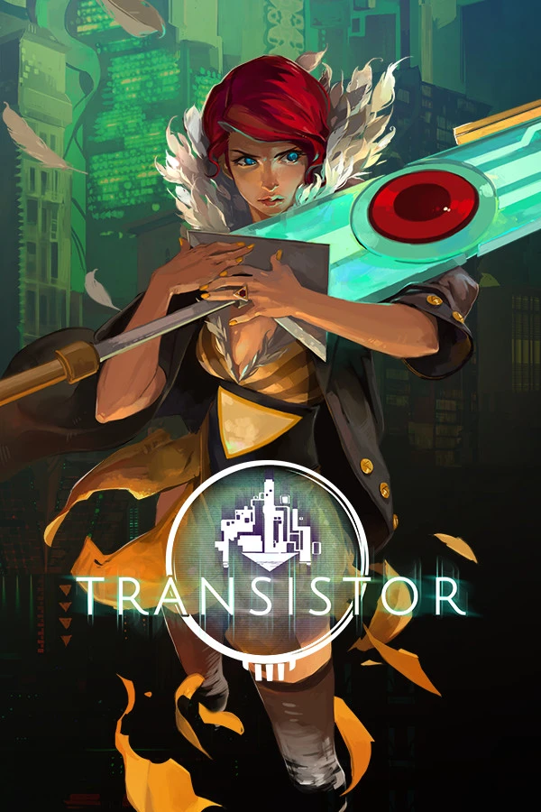 Official Transistor cover showing Red holding the glowing sword above the native Transistor logo.