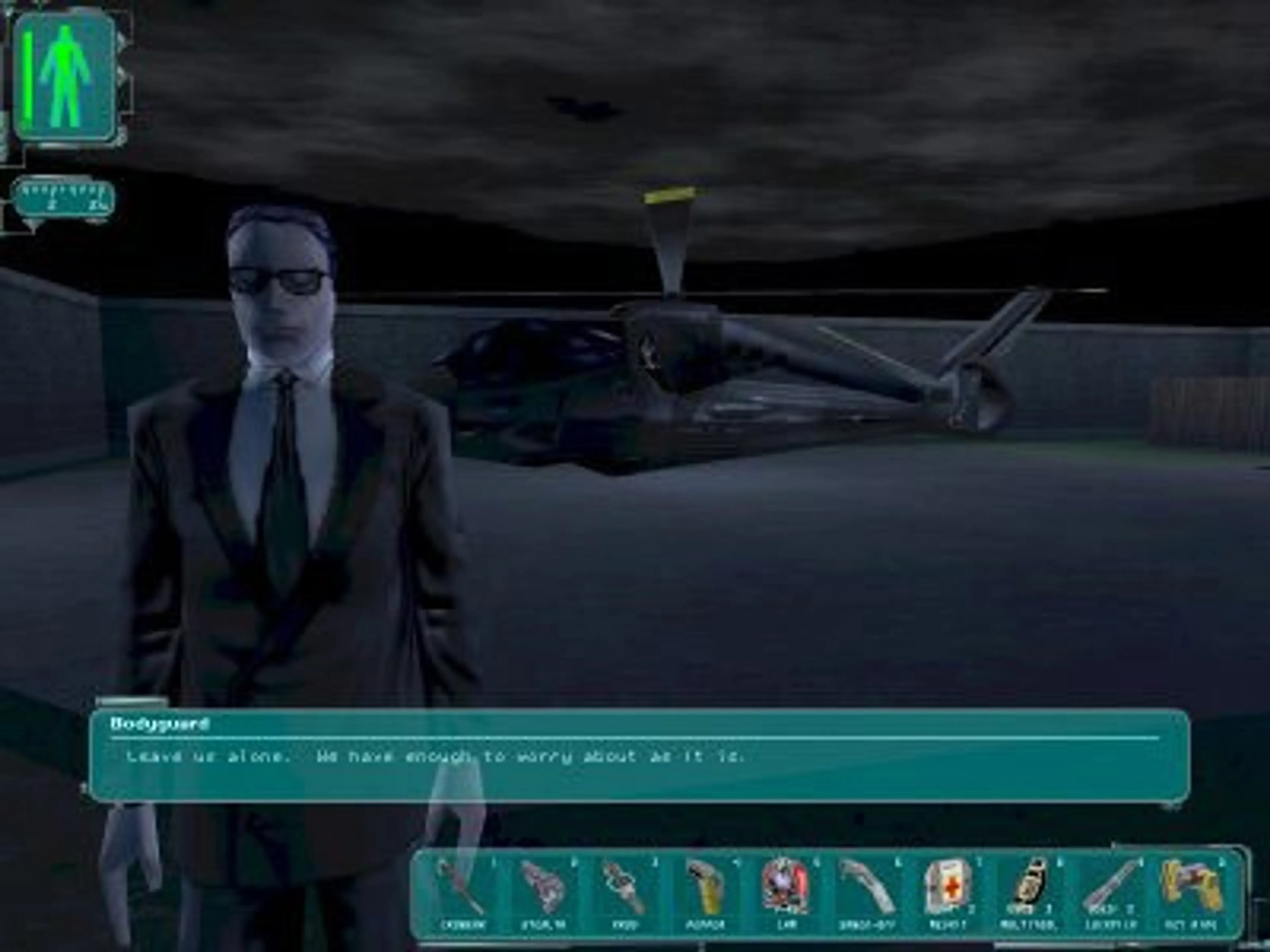 JC Denton in a conversation near a helicopter.