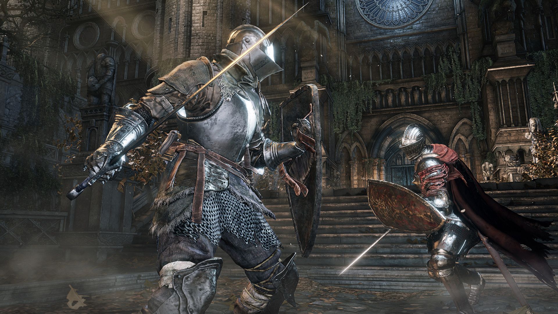 Two armoured fighters trade attacks inside a large hall.