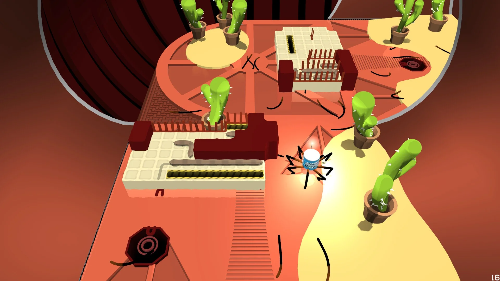 A small sentient tin can faces several green worms across a tabletop puzzle in Can of Wormholes.