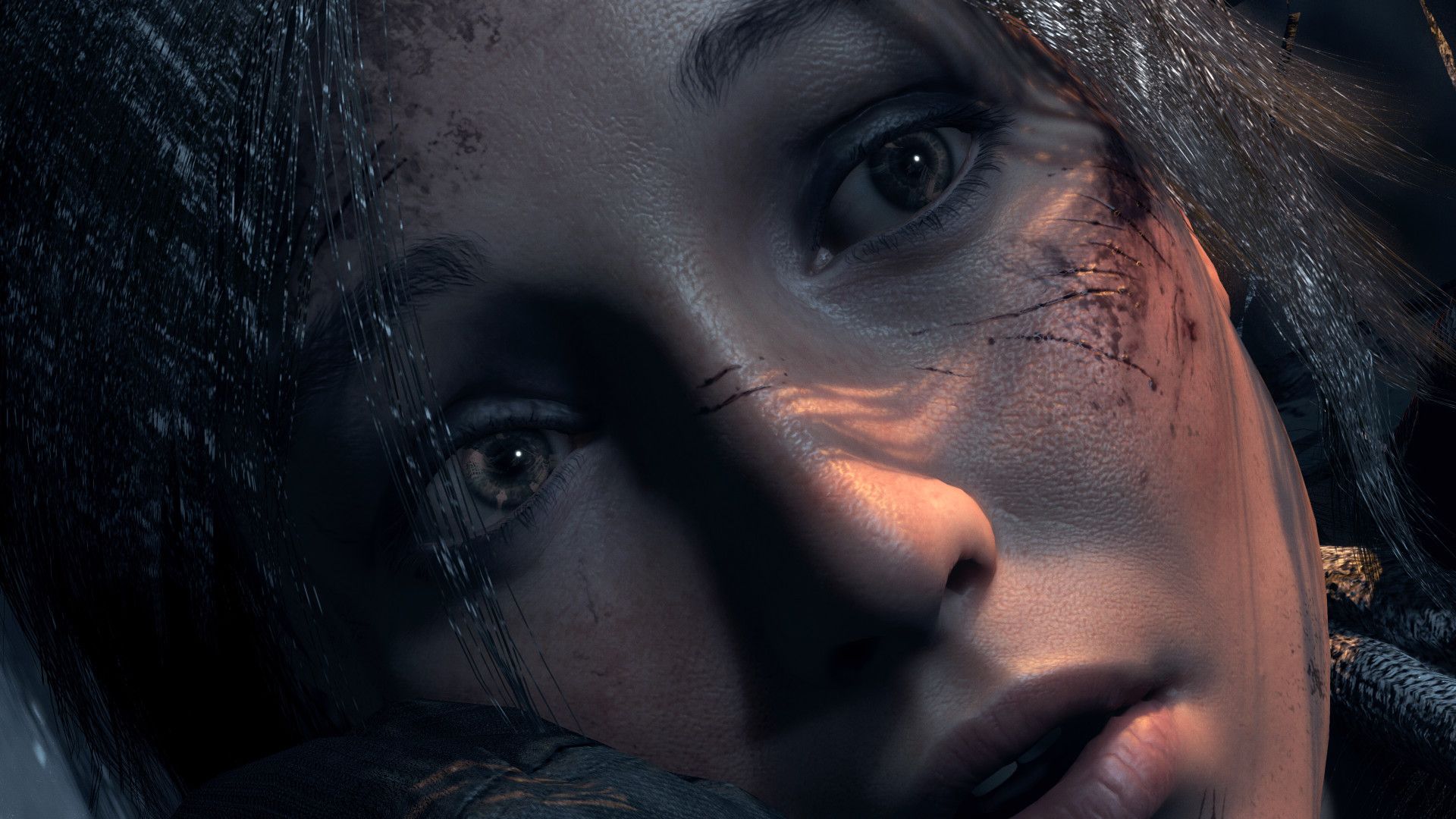 A close story shot shows Lara Croft with a cut on her cheek.
