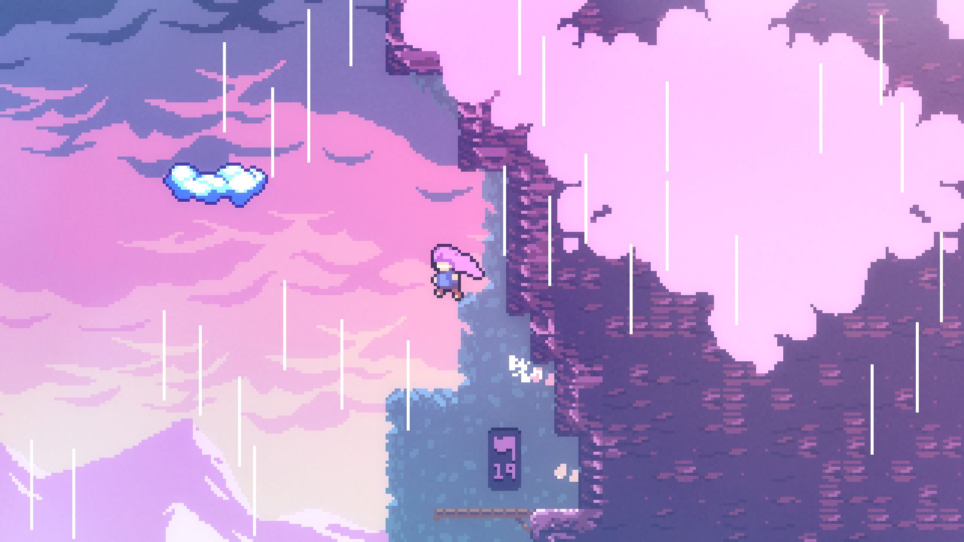 Madeline dashes across a pink mountain gap while a blue cloud floats nearby.