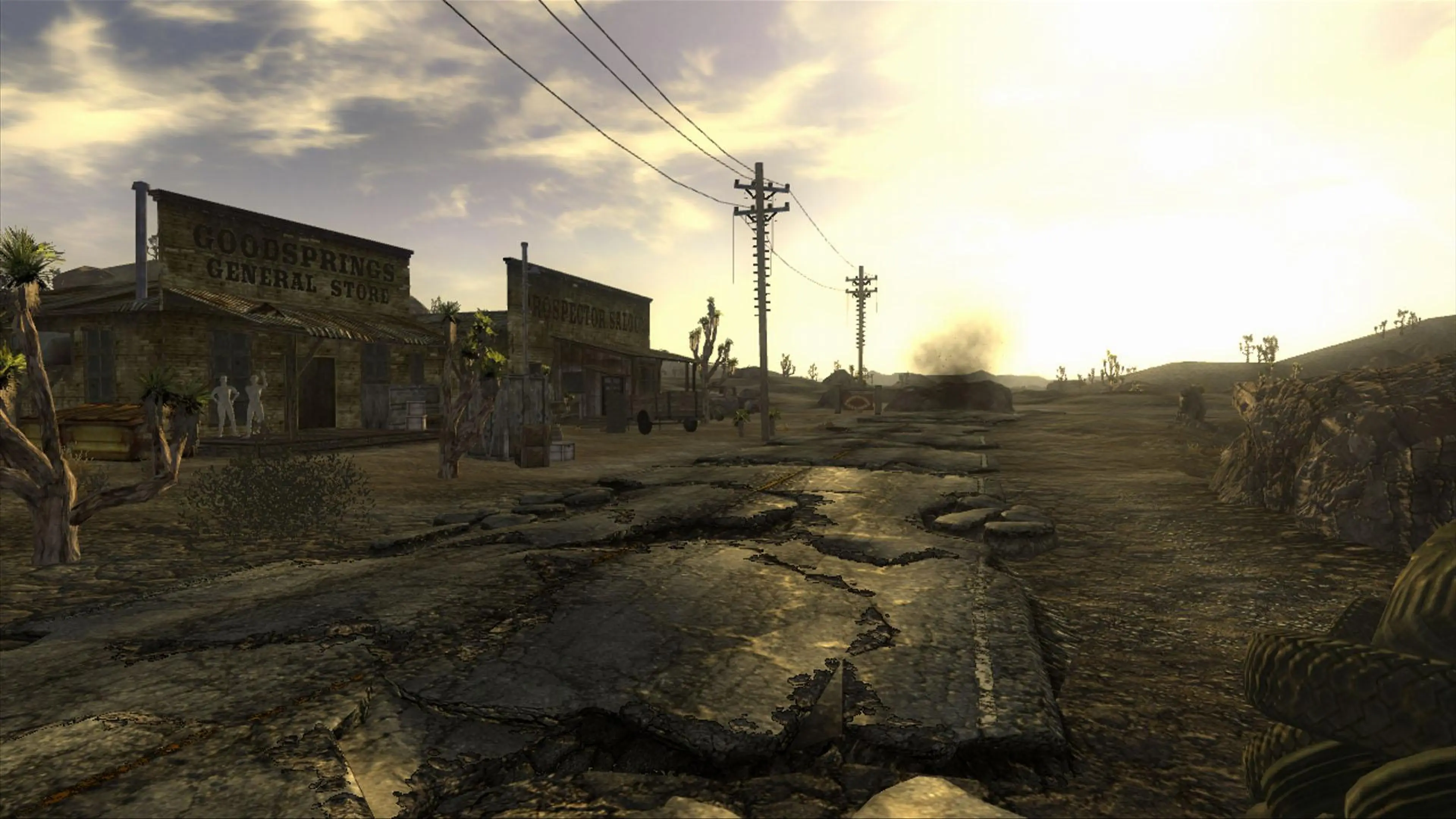 The general store, saloon and cracked road in Goodsprings in Fallout: New Vegas.