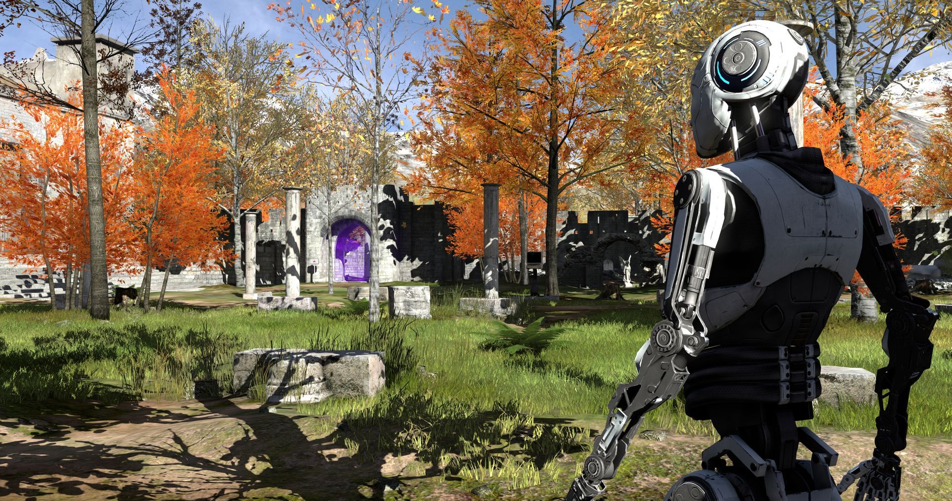 A robot walks through an autumn-colored area toward a purple-lit ruin.