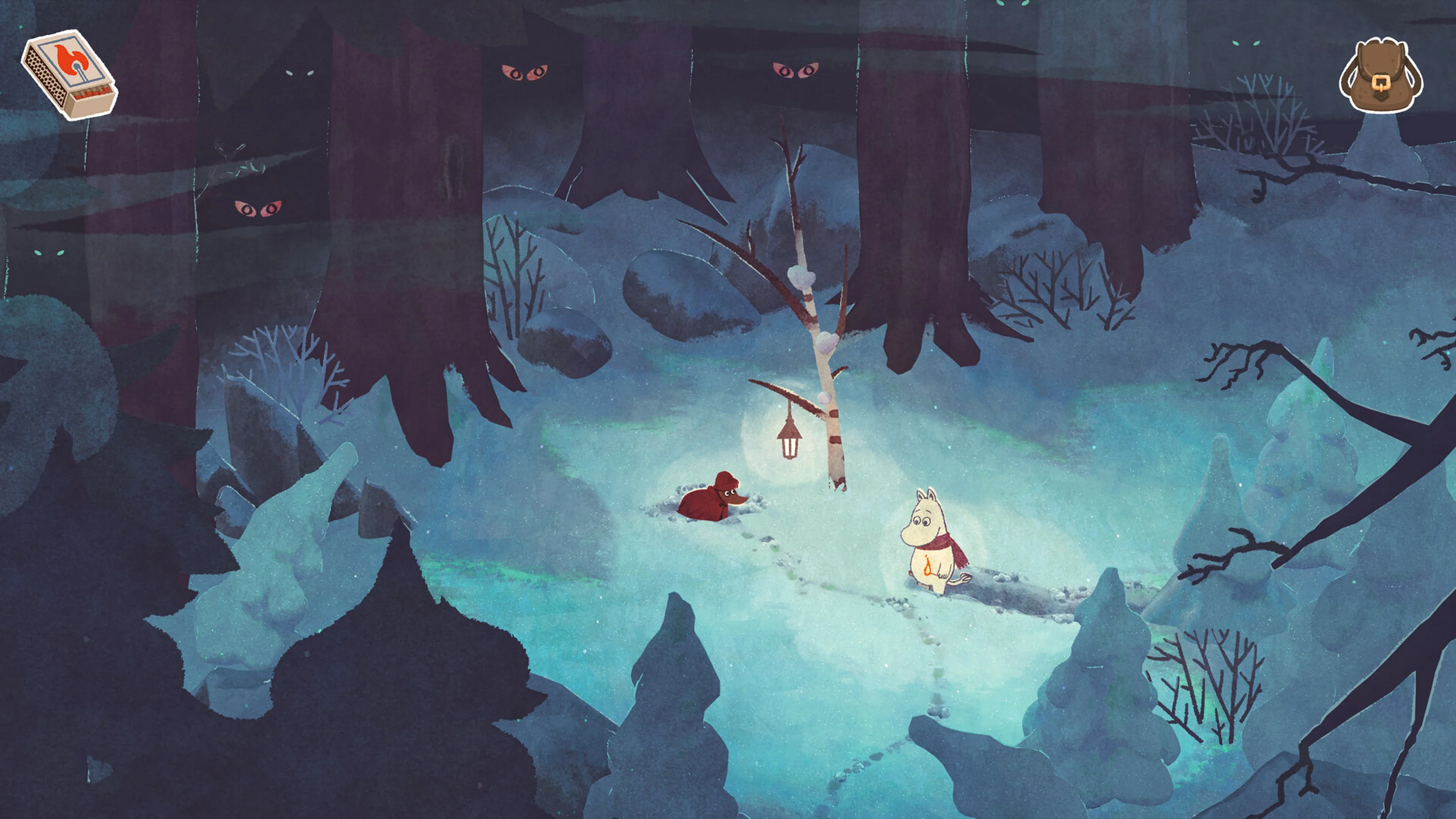 Moomintroll and a companion cross a moonlit snowy forest in the watercolor-style game.