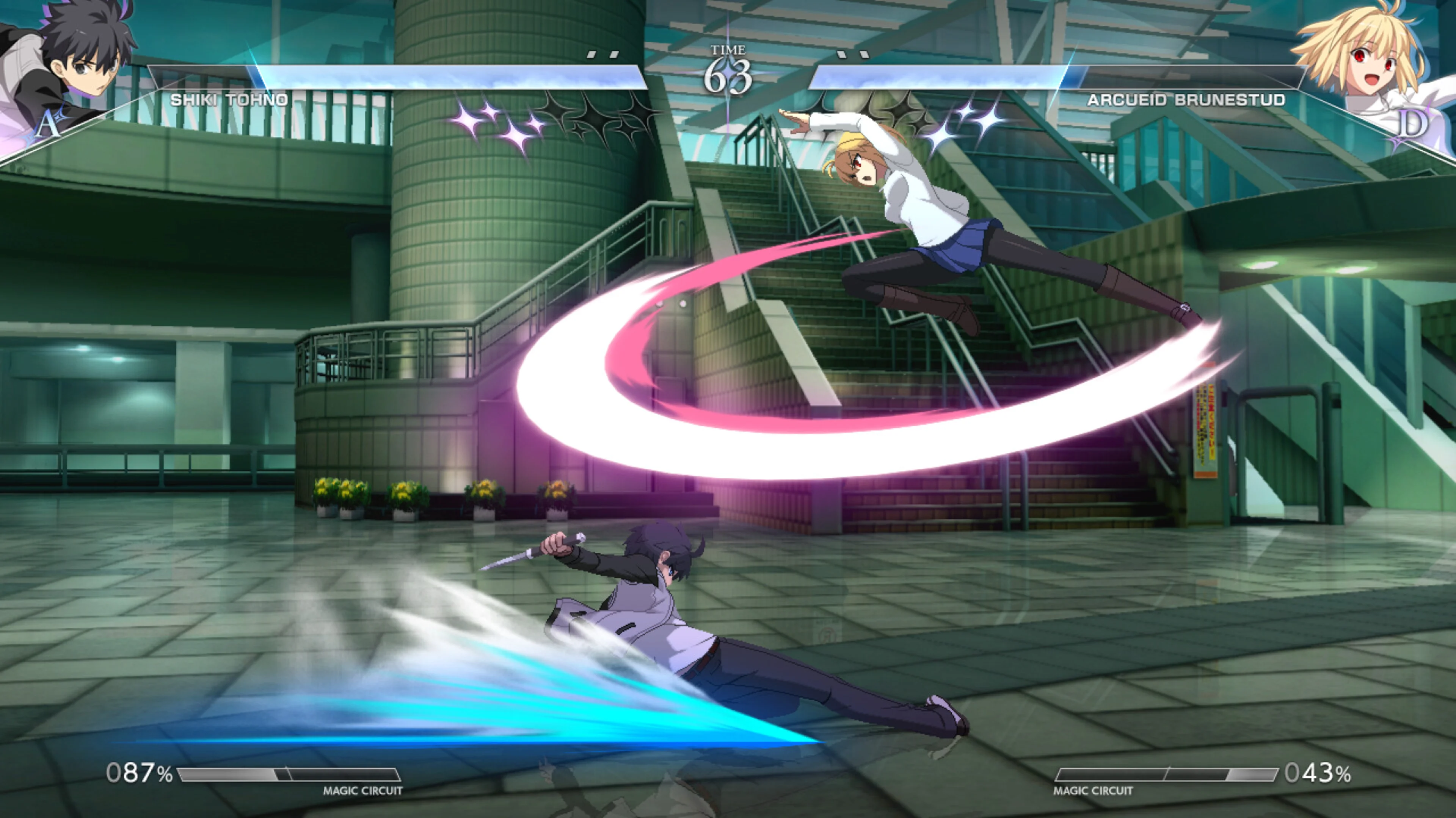 Shiki Tohno slides beneath Arcueid Brunestud during a two-dimensional fight.