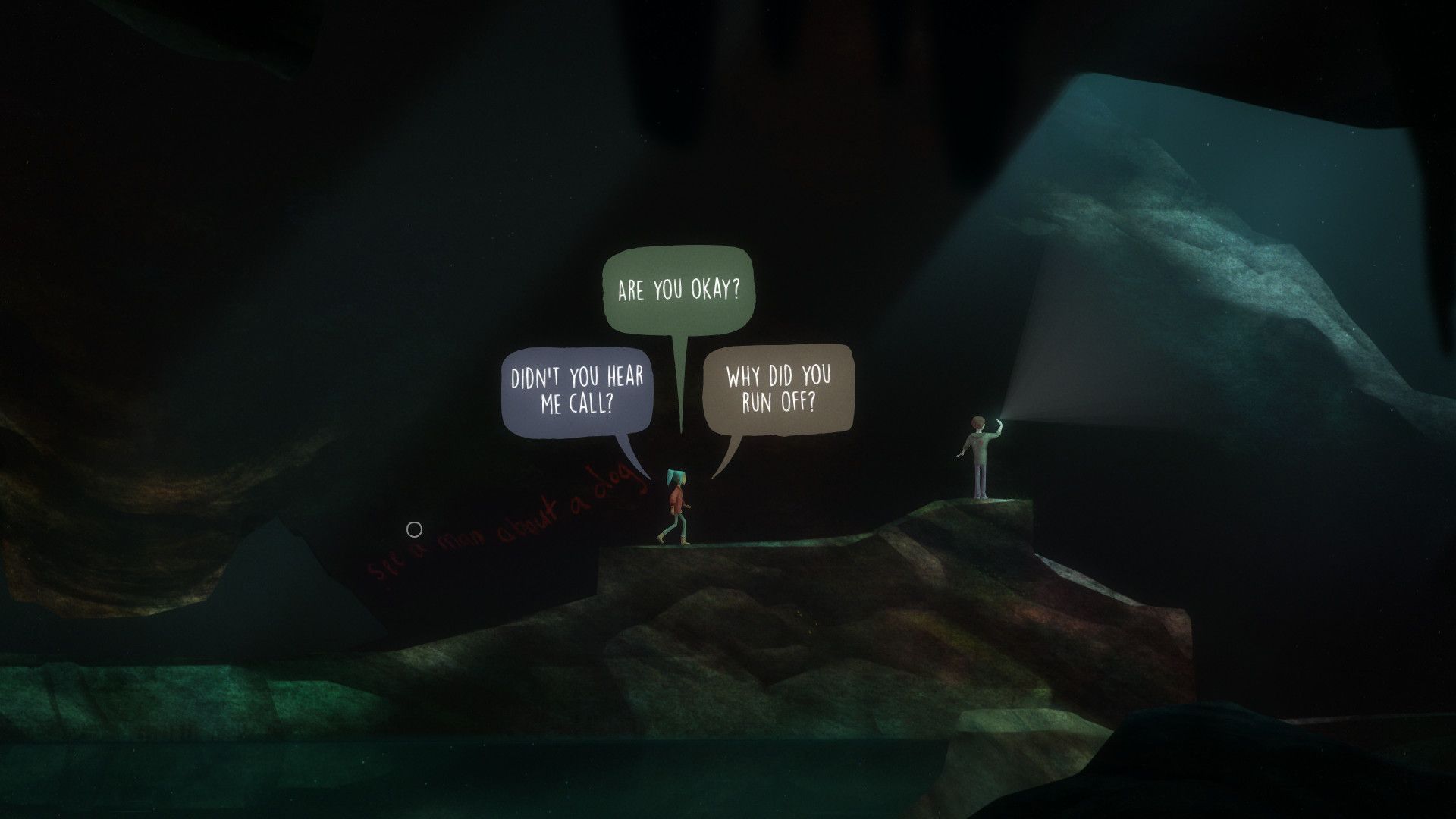 Dialogue options appear as characters explore a dark cave in Oxenfree.