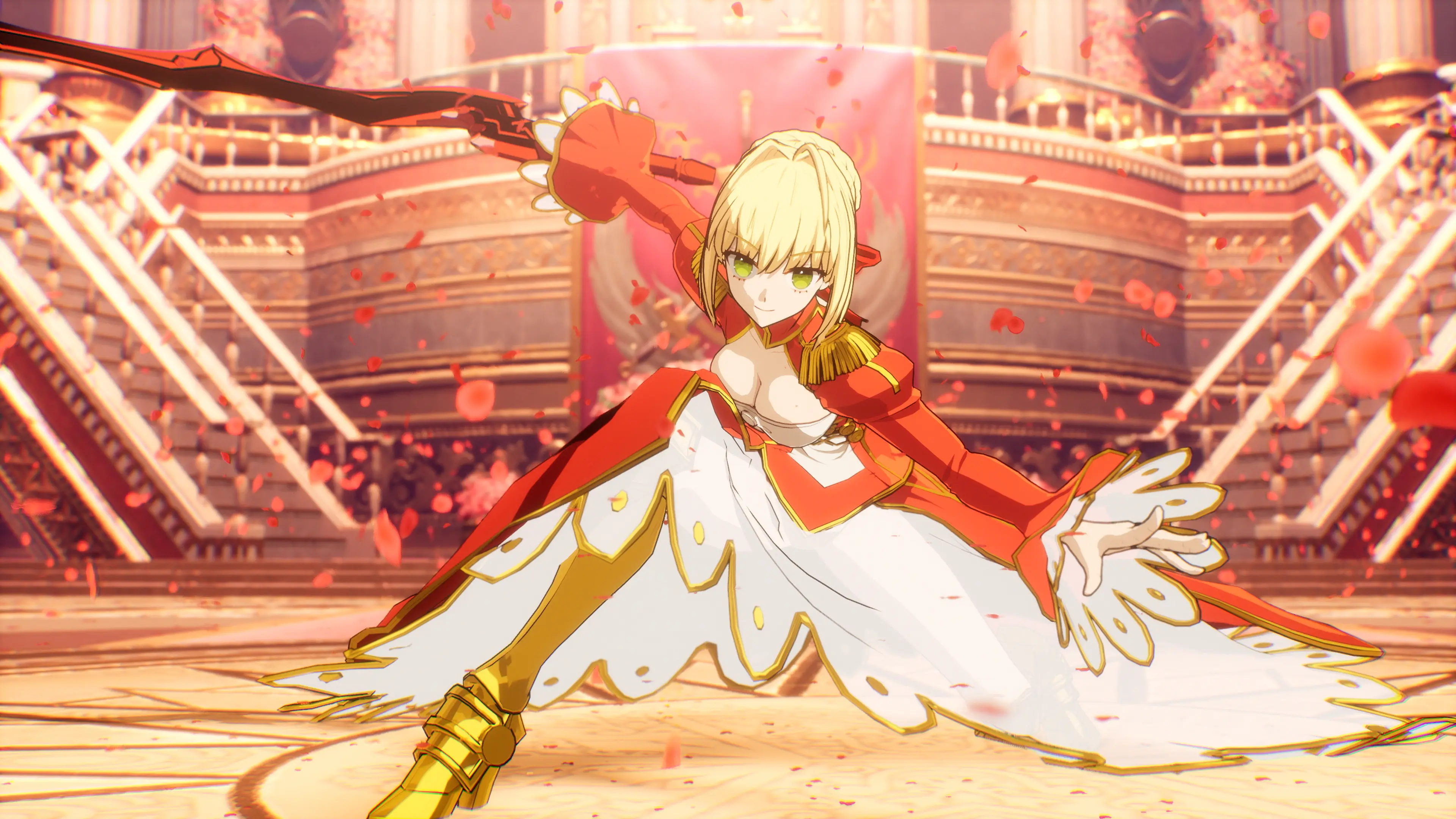Saber sits in a luminous gold arena in Fate/EXTRA Record.