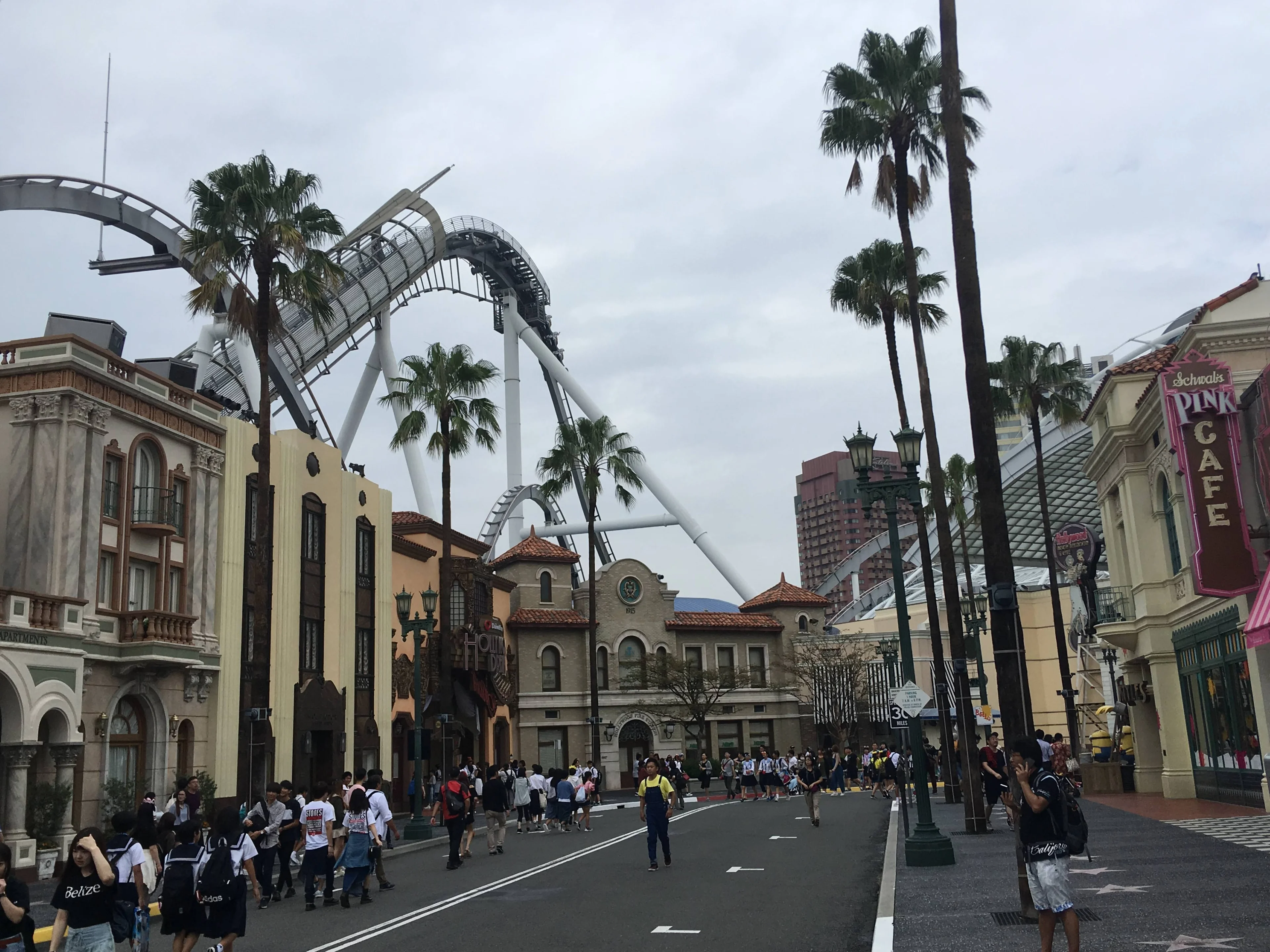 Hollywood Dream roller-coaster trains move along the track at Universal Studios Japan.