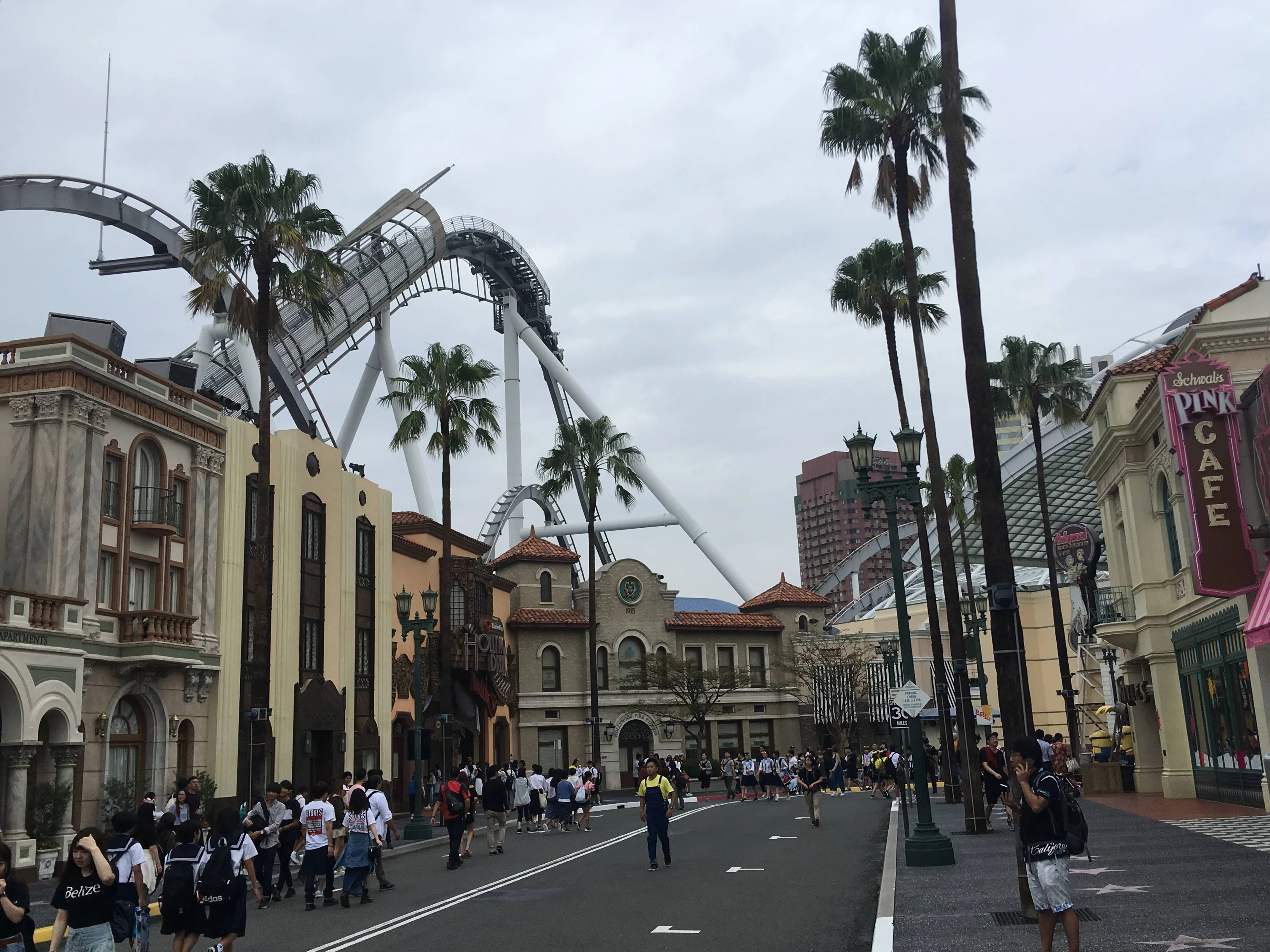 Hollywood Dream roller-coaster trains move along the track at Universal Studios Japan.
