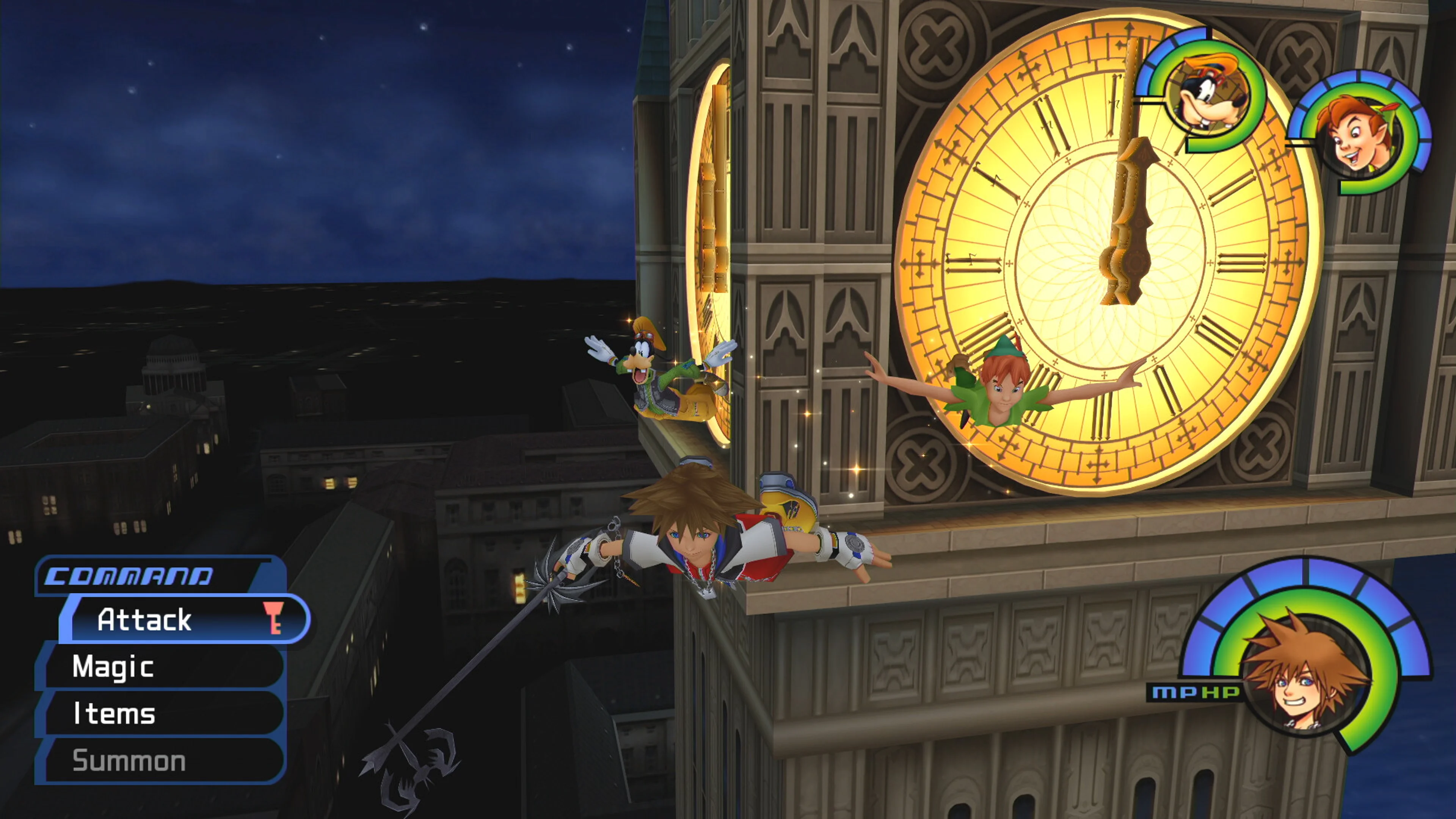 Sora flies through a dark city with Goofy and Peter Pan in KINGDOM HEARTS -HD 1.5+2.5 ReMIX-.