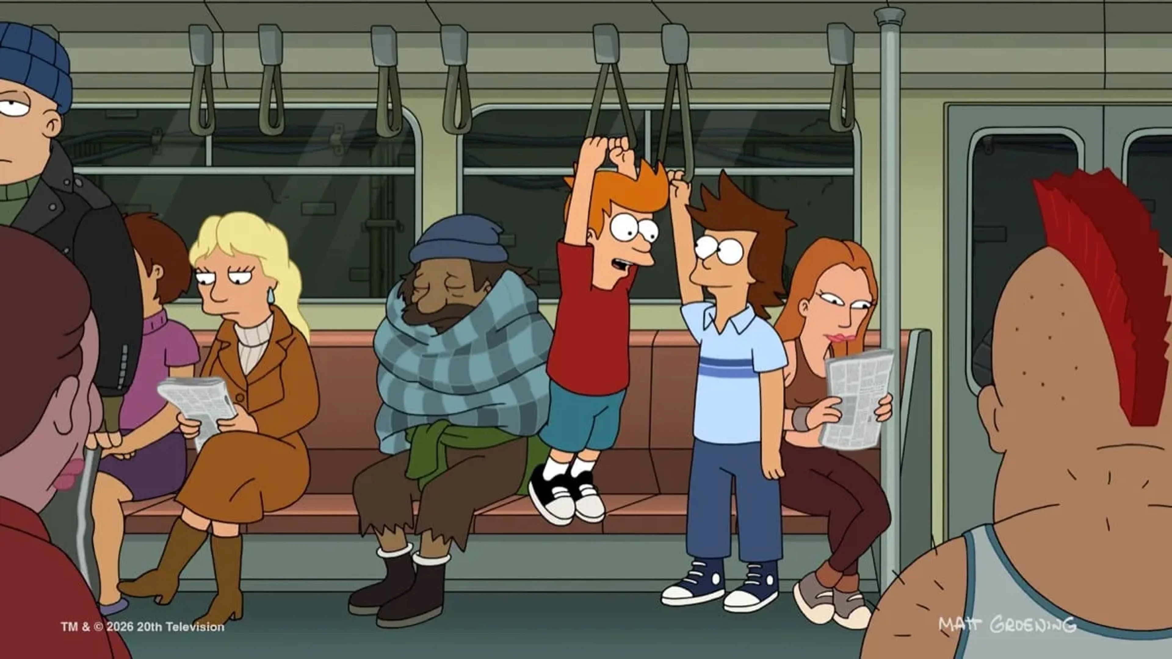 Young Fry and his brother Yancy ride a subway train in the Futurama season 14 finale.