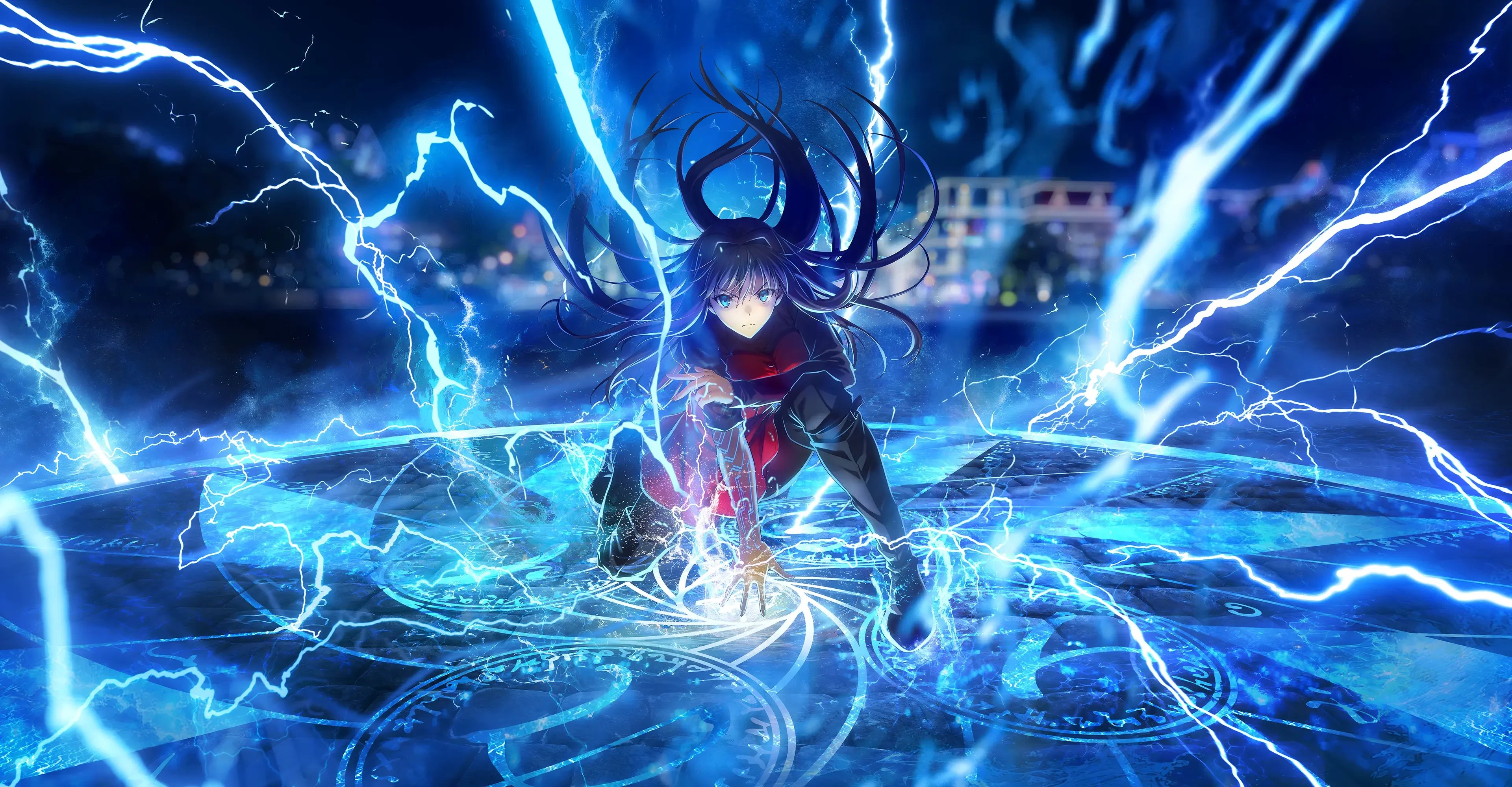 Aoko Aozaki surrounded by blue magical energy in Witch on the Holy Night.