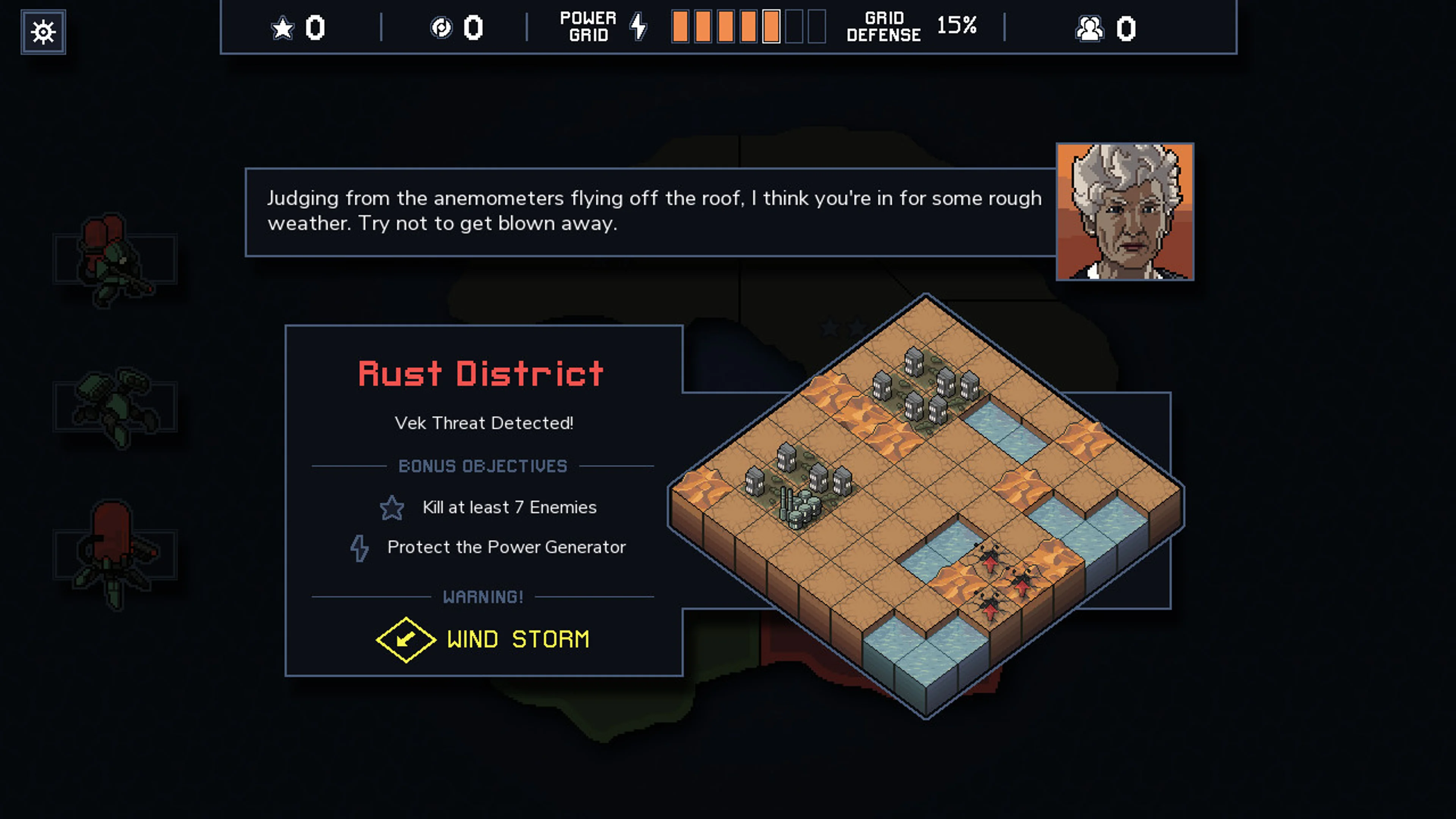Official Into the Breach Rust District mission card with the map on the right, two bonus objectives on the left and a Wind Storm warning.