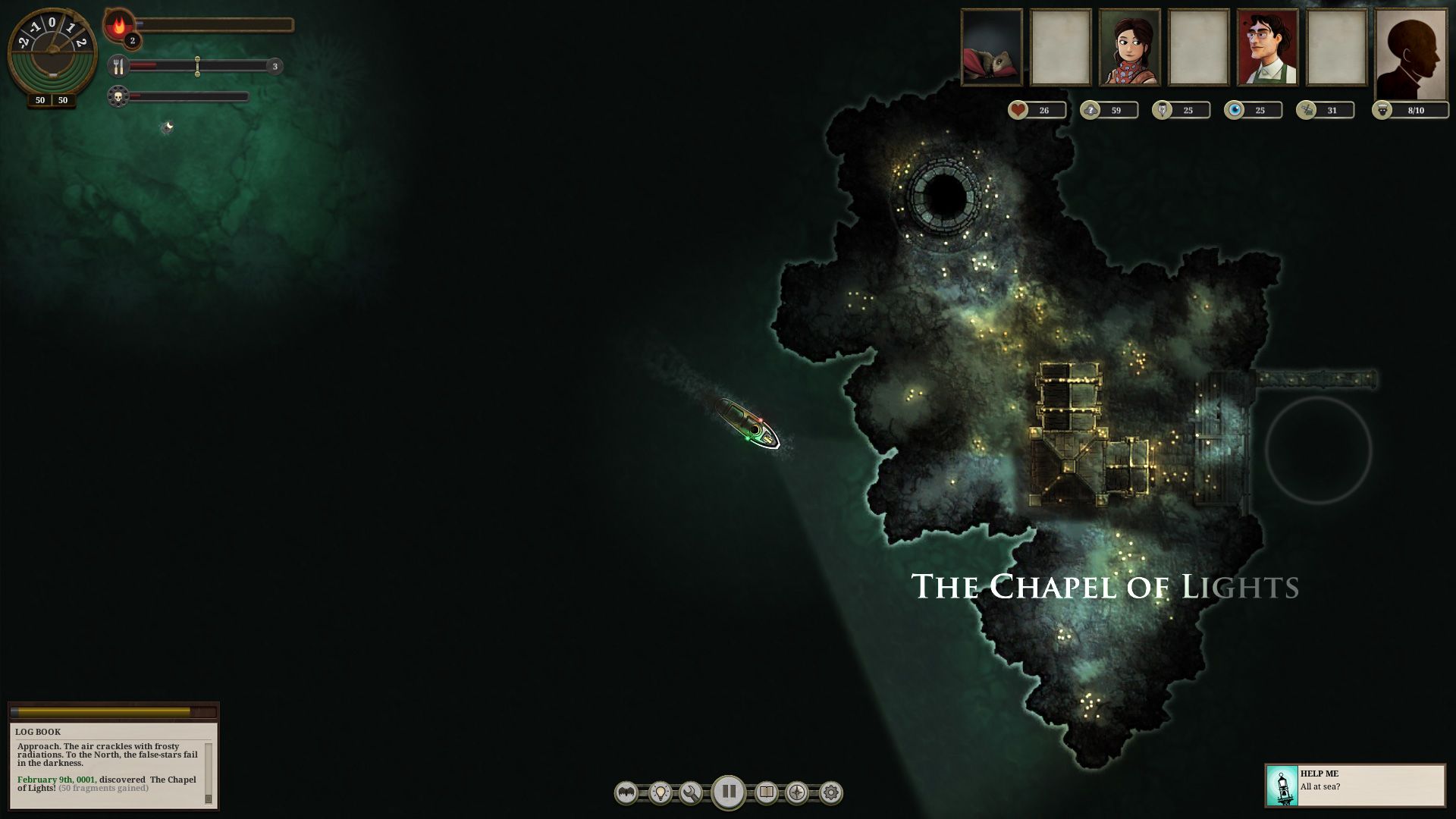 Small steamship approaches the Chapel of Lights while resource bars and the hull dial appear at upper left.