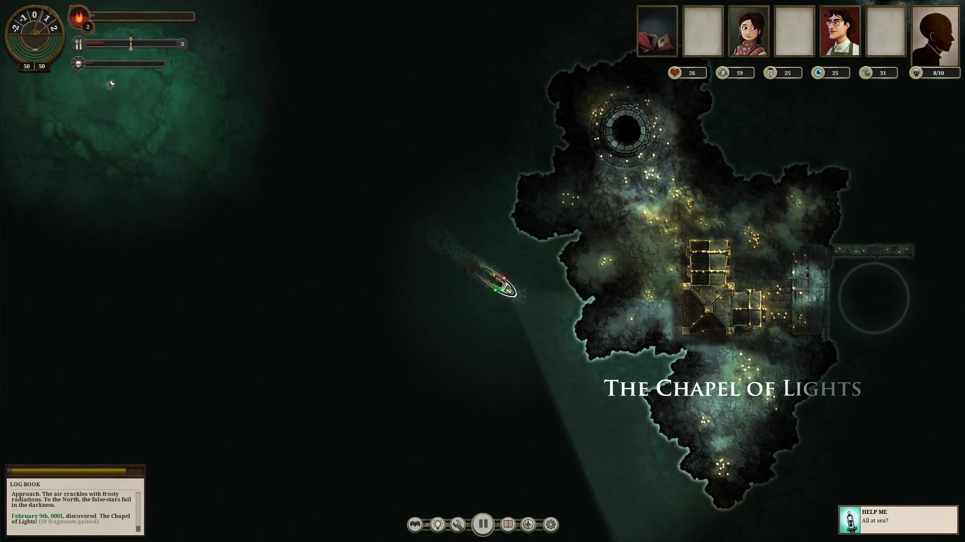 Official Sunless Sea screenshot of a ship near the Chapel of Lights; the top-left corner shows the round Hull dial, flame Fuel bar, fork-and-knife Hunger bar and skull Terror bar.