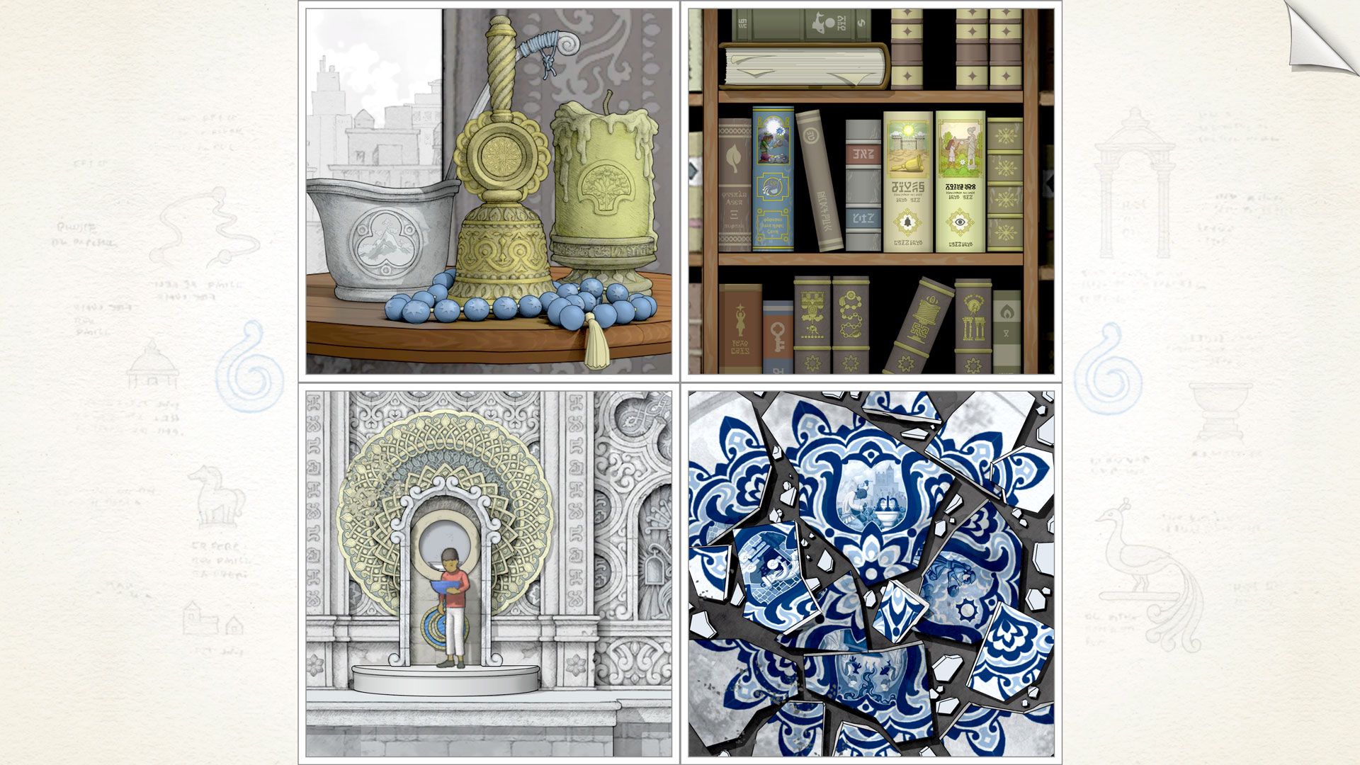 Four Gorogoa panels show a window, bookshelf, doorway and blue illustration.