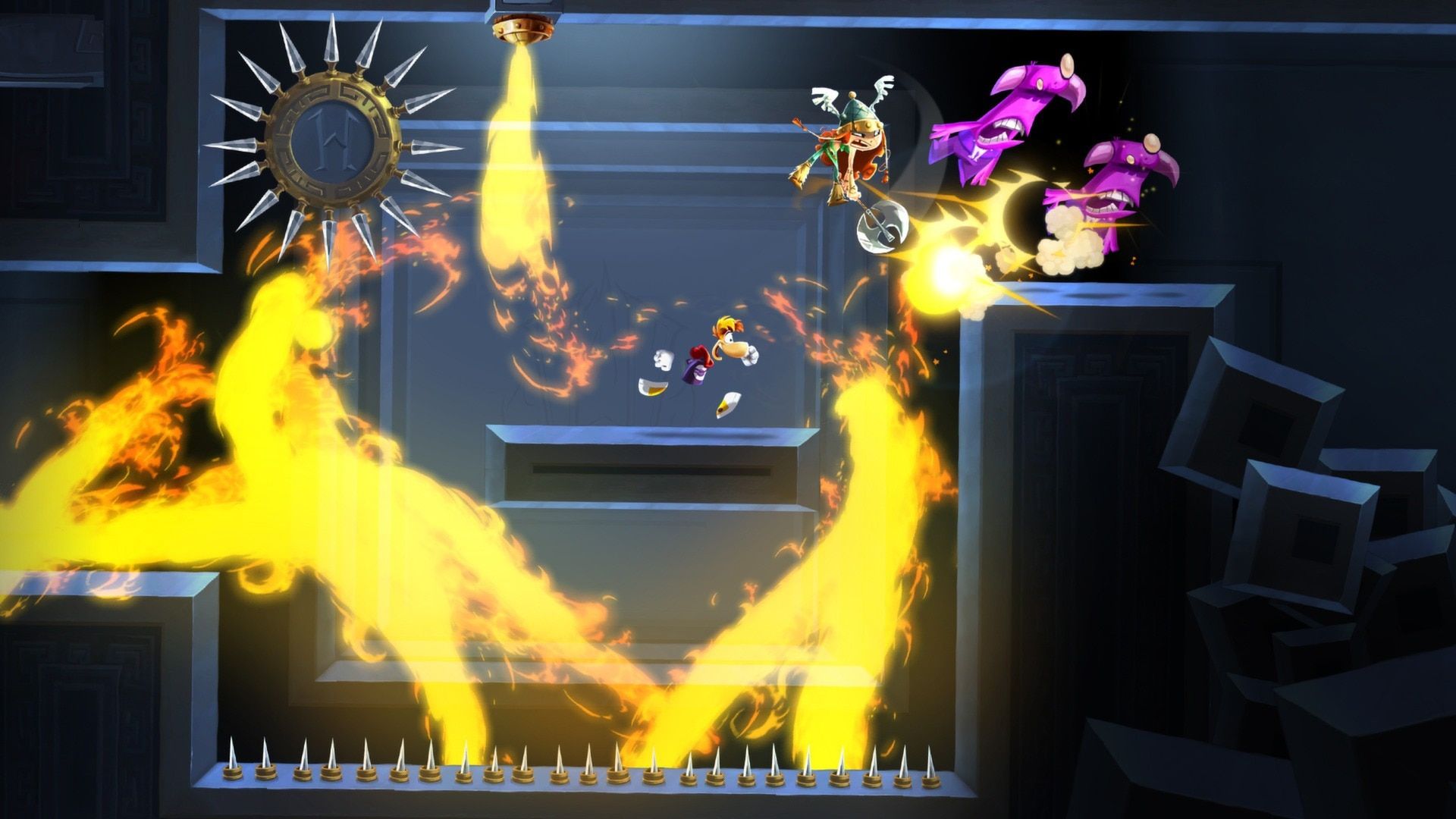 Rayman and friends dodge a bright fire trap above spikes.