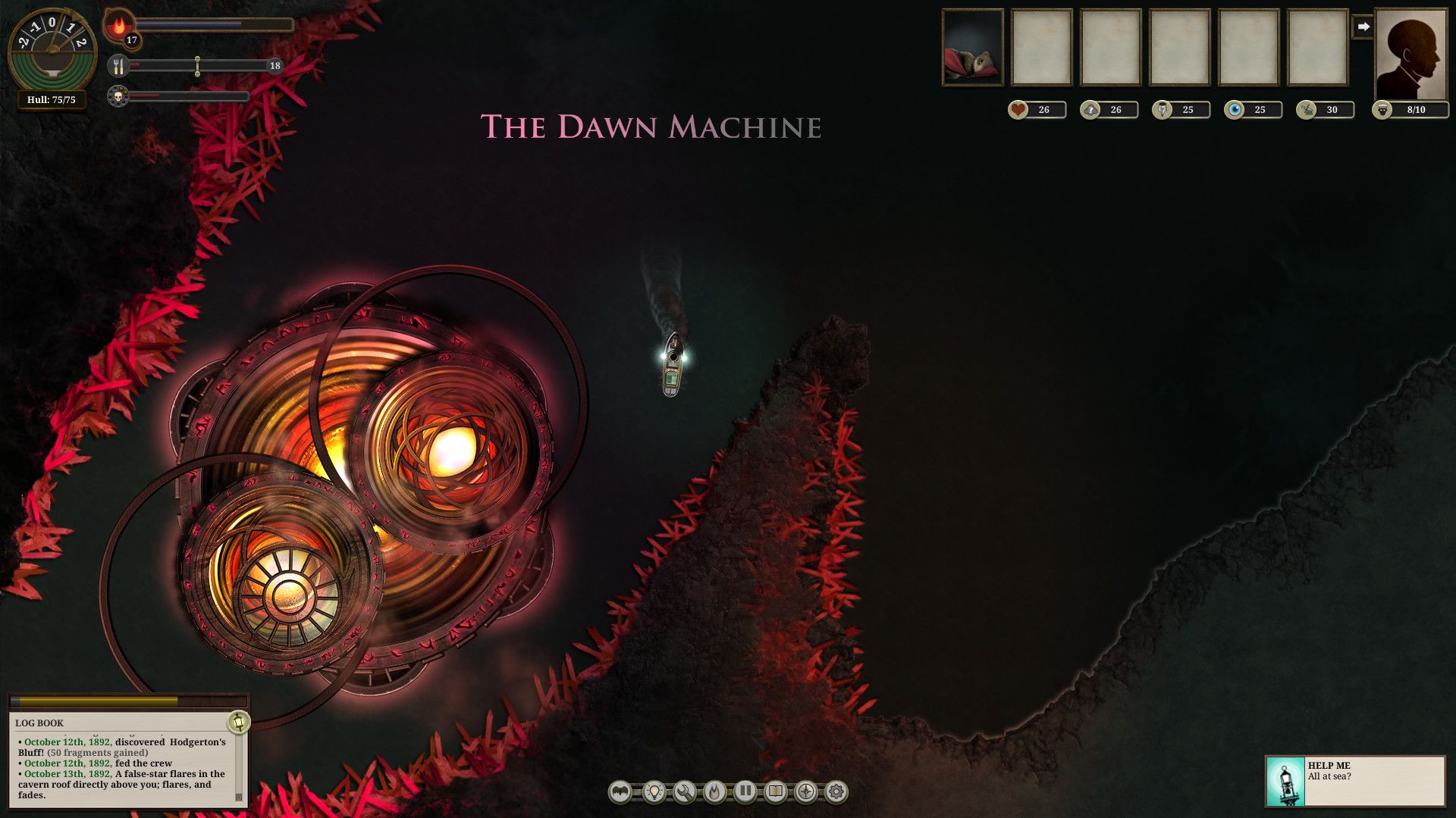 The ship sails near the bright circular Dawn Machine with the status interface visible.