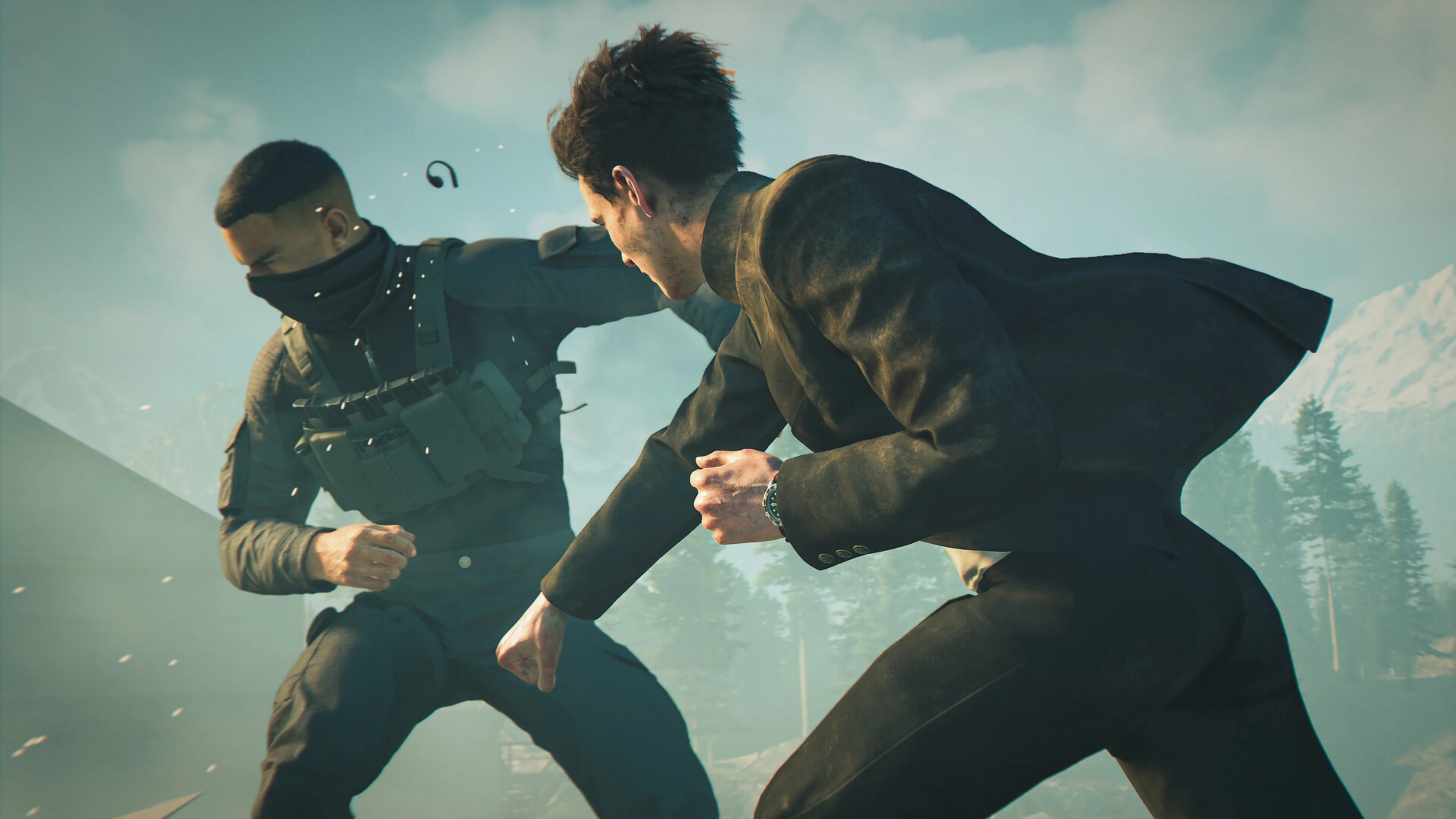 Bond punches an armed guard beside a rocky stream while another enemy approaches.