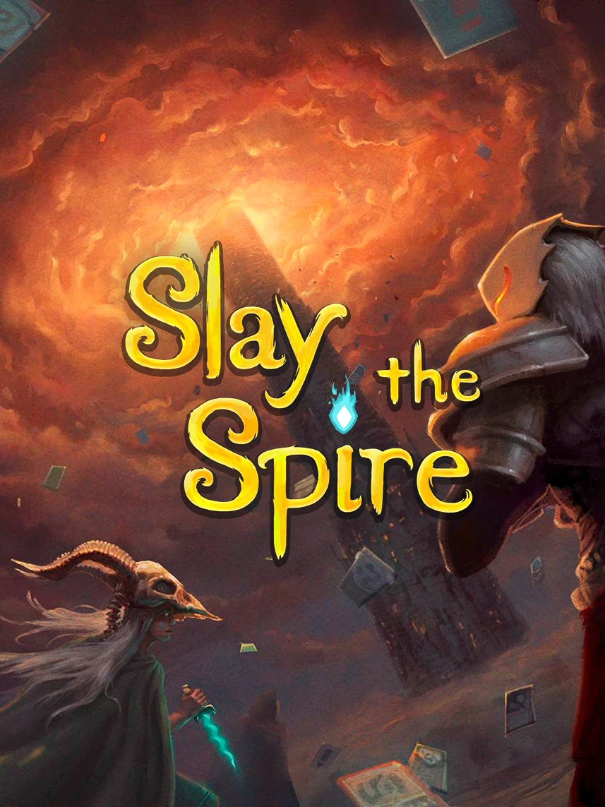 Official Slay the Spire cover art with the native yellow game logo over a fantasy scene.