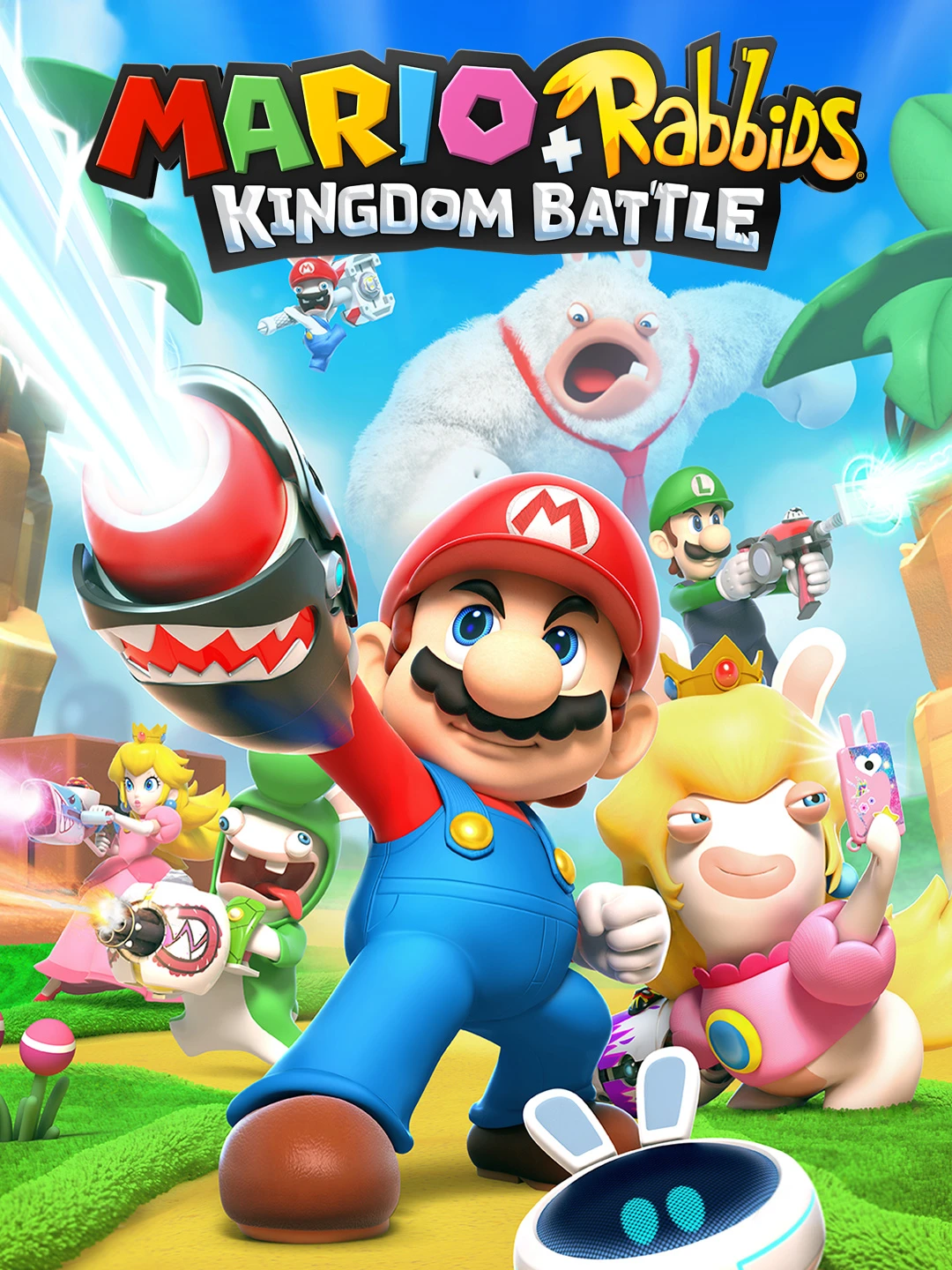 Official Mario + Rabbids Kingdom Battle cover with Mario, Rabbid Peach and the original game logo.