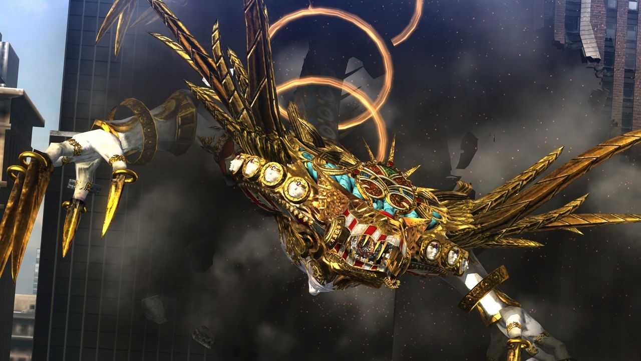 A huge gold-and-blue winged creature appears against dark clouds.