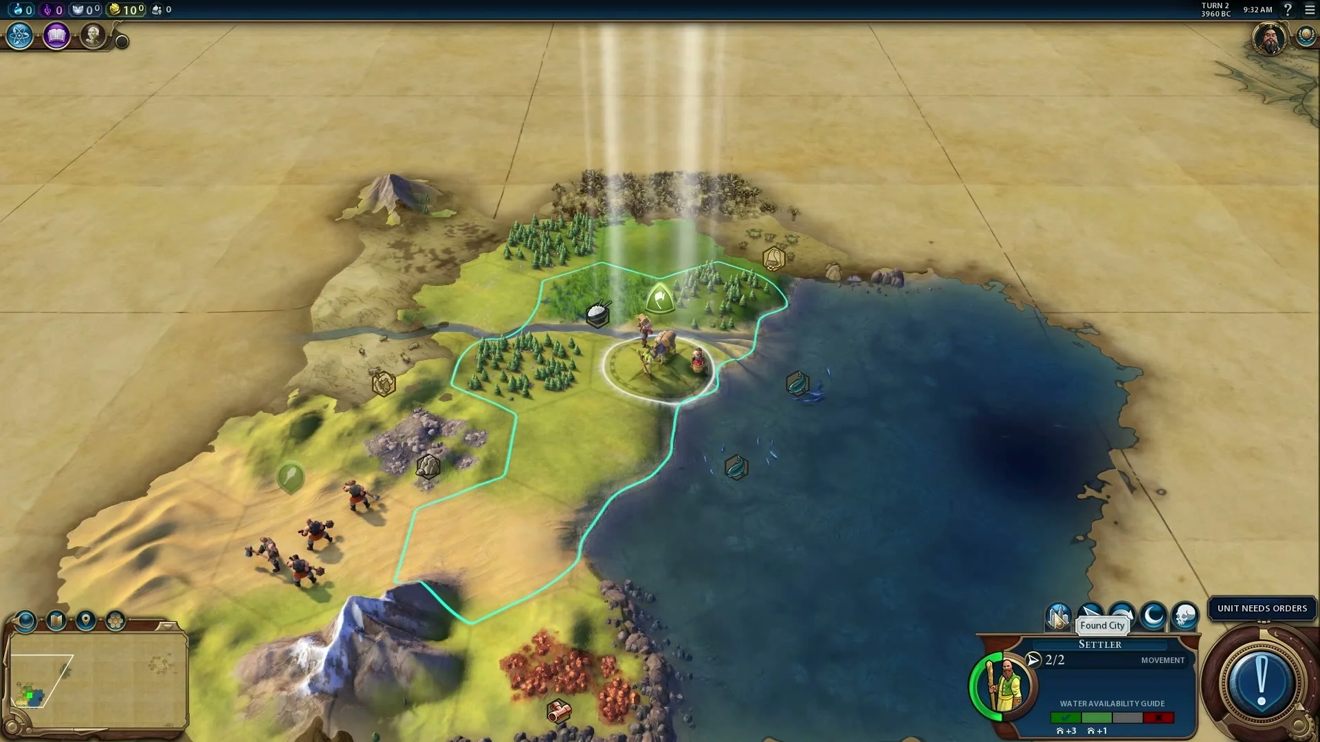 Selected Settler with a Found City tooltip above the bottom-right unit panel.