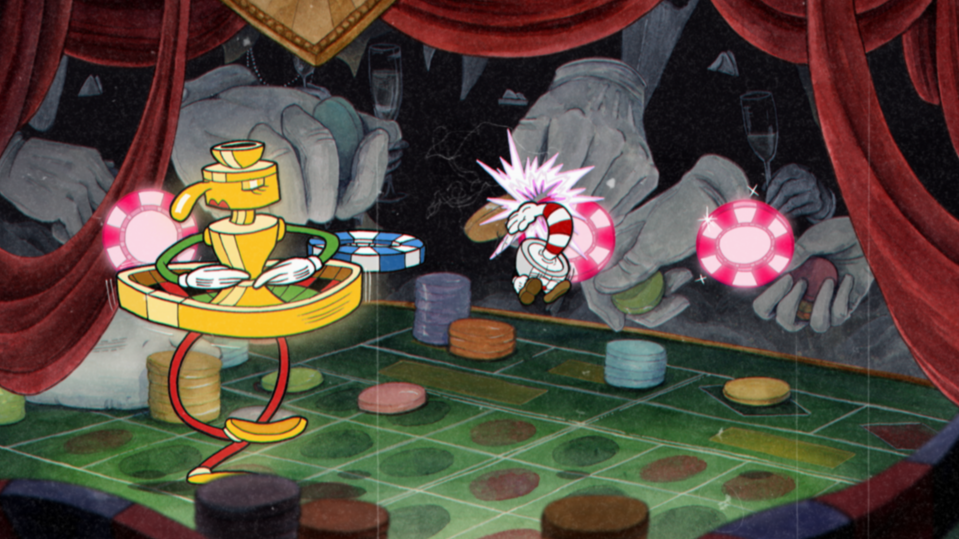 Cuphead fights in a theater scene while bright projectiles move between platforms.