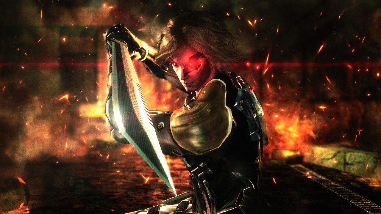 Raiden holds his sword in front of an explosive battle scene.