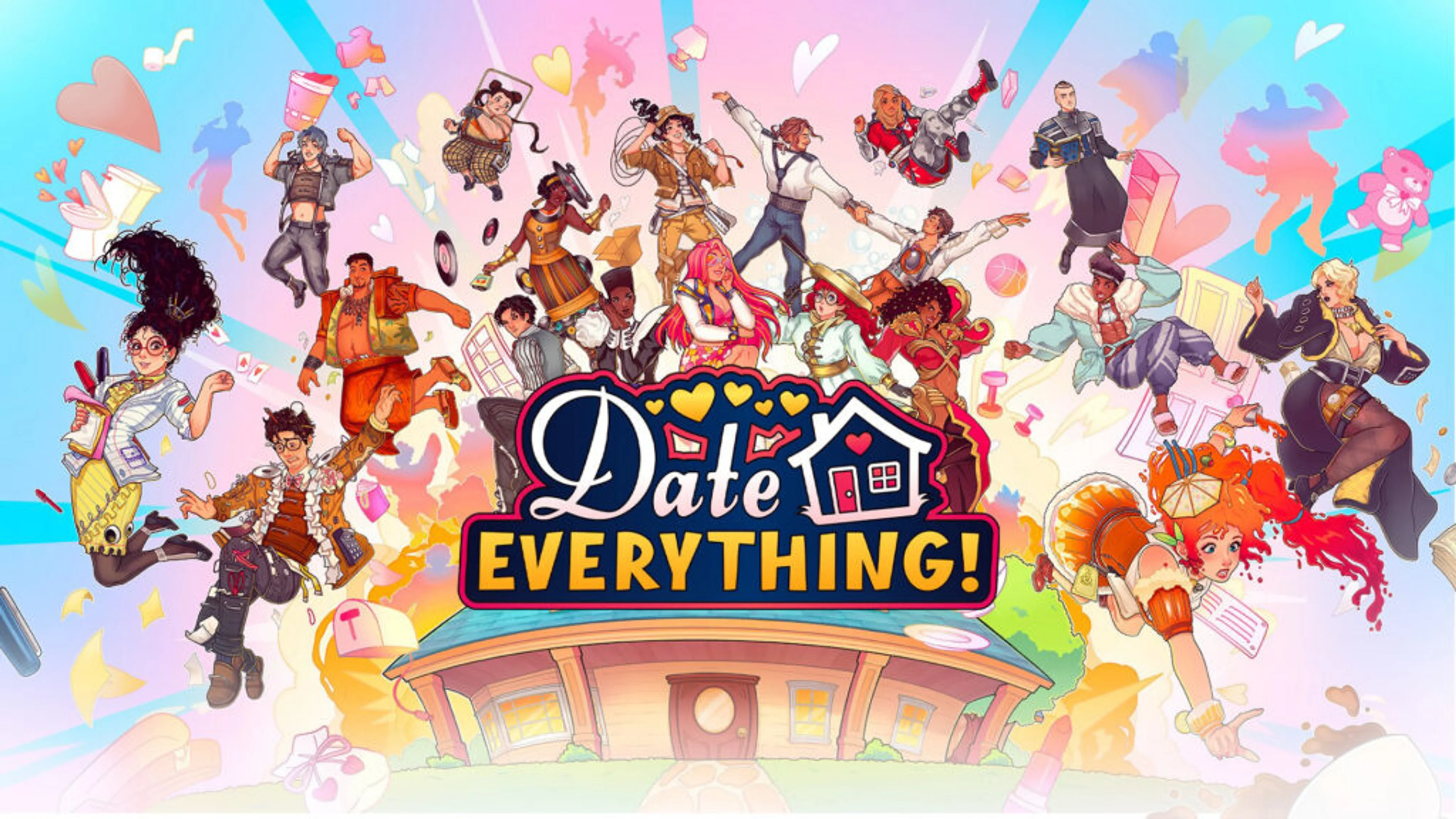 The cast of Date Everything surrounding the game logo and a house.