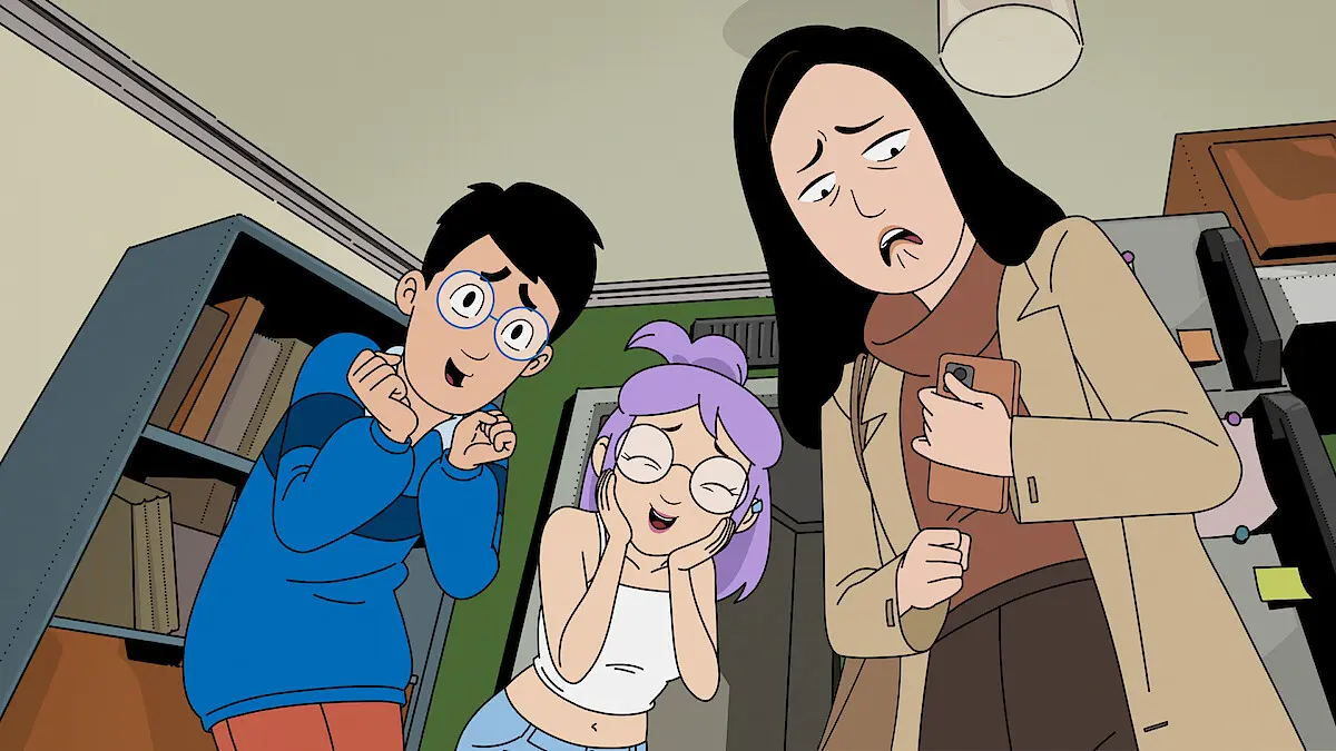 Andrew, Eunice and Ruthie look down together in an office in DANG!.