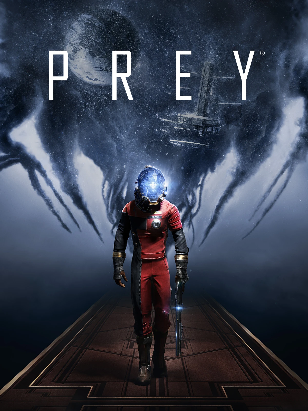 Official 2017 Prey cover showing Morgan Yu beneath a dark alien shape and the PREY logo.