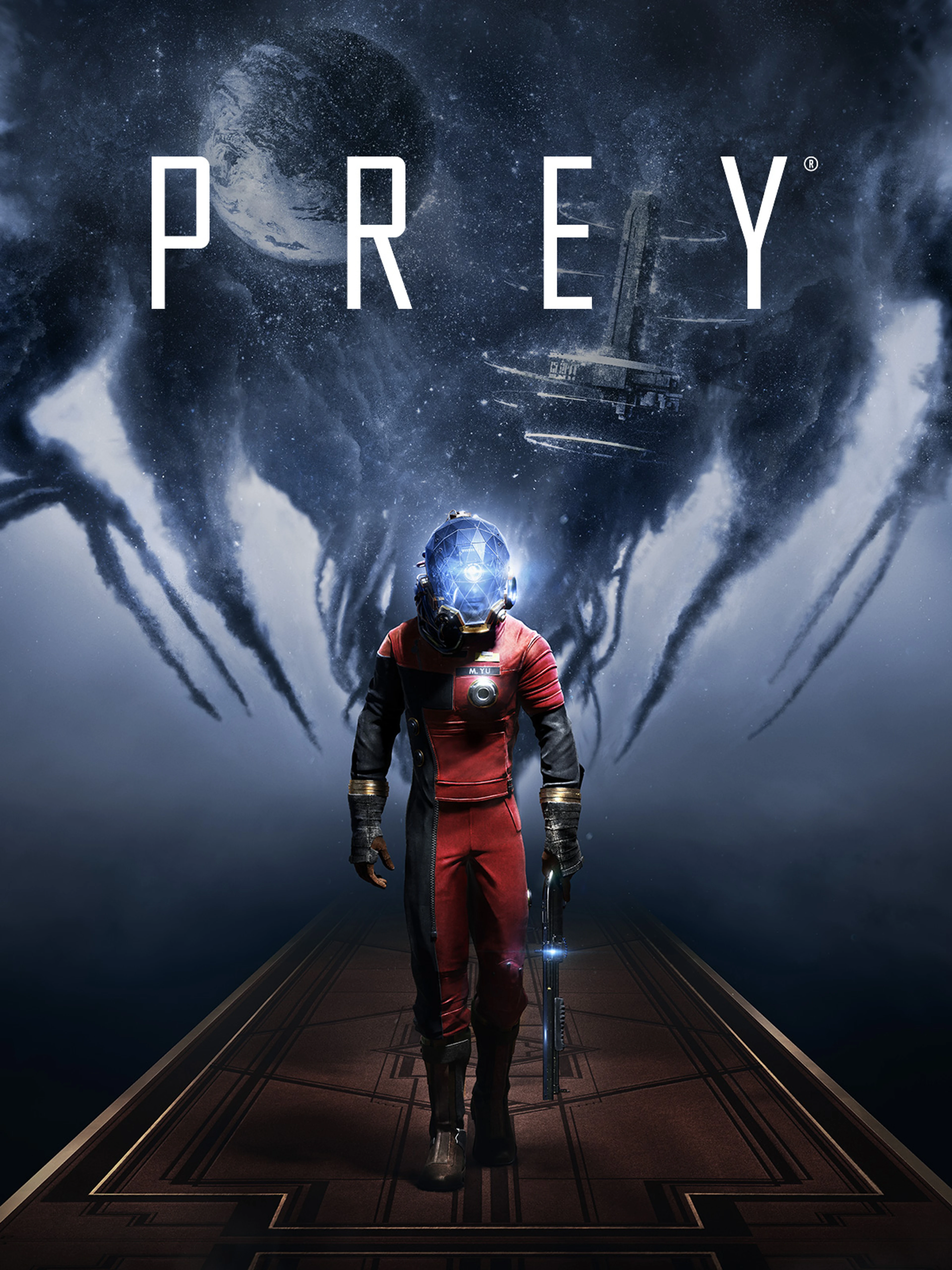 Official 2017 Prey cover showing Morgan Yu beneath a dark alien shape and the PREY logo.