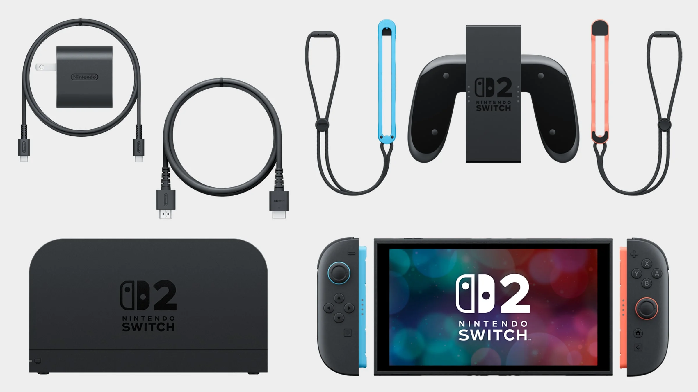 Nintendo Switch 2 console, Joy-Con 2 controllers, dock, grip, straps, power adapter, and cables arranged in a flat lay.
