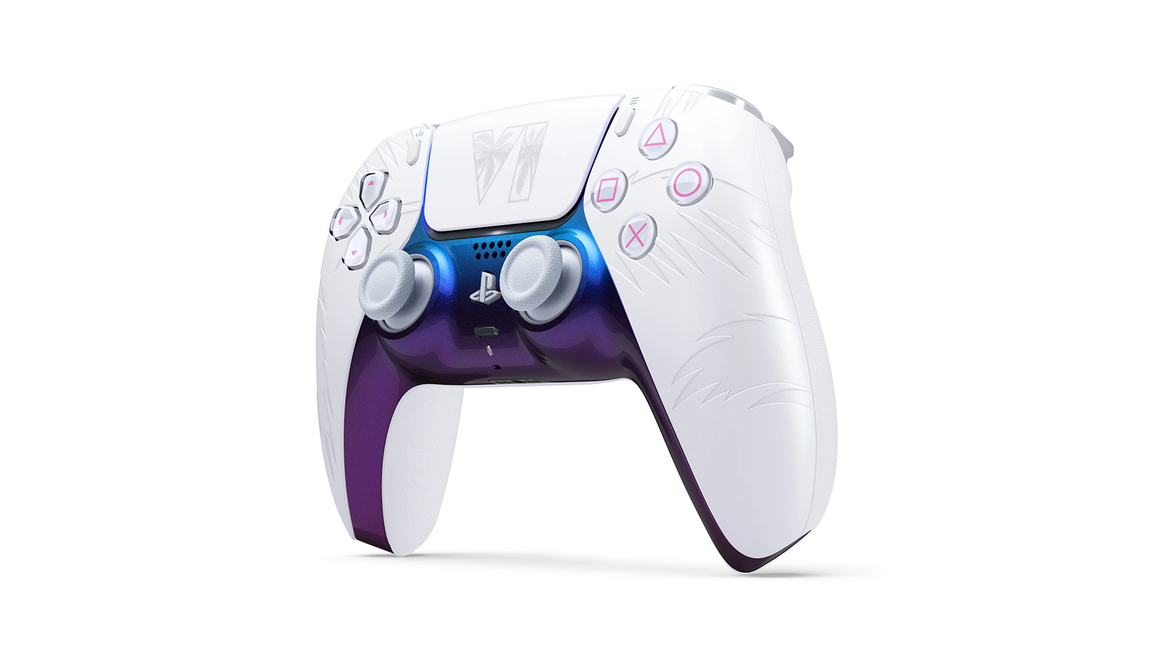 The white GTA 6 Limited Edition DualSense controller with blue and purple accents.
