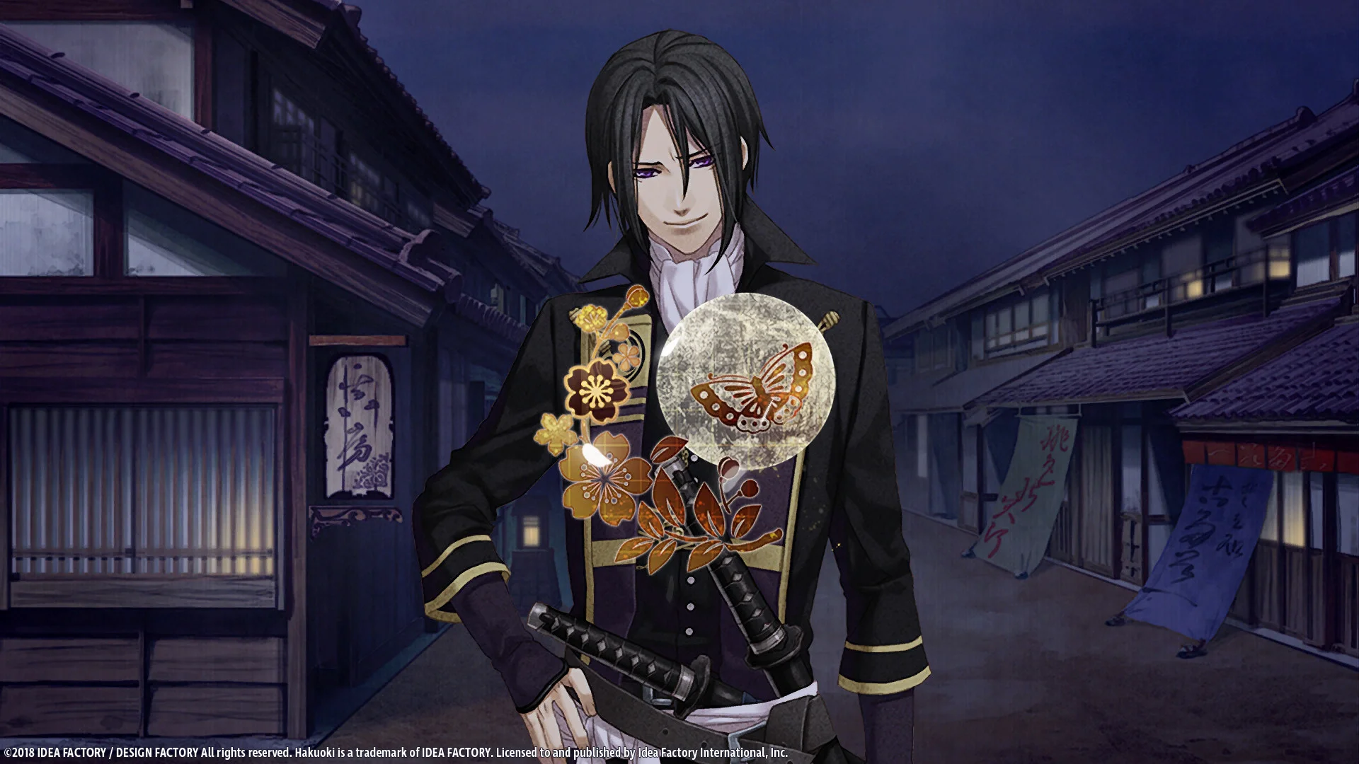 Chikage Kazama holds a fan on a street at night in Hakuoki: Edo Blossoms.