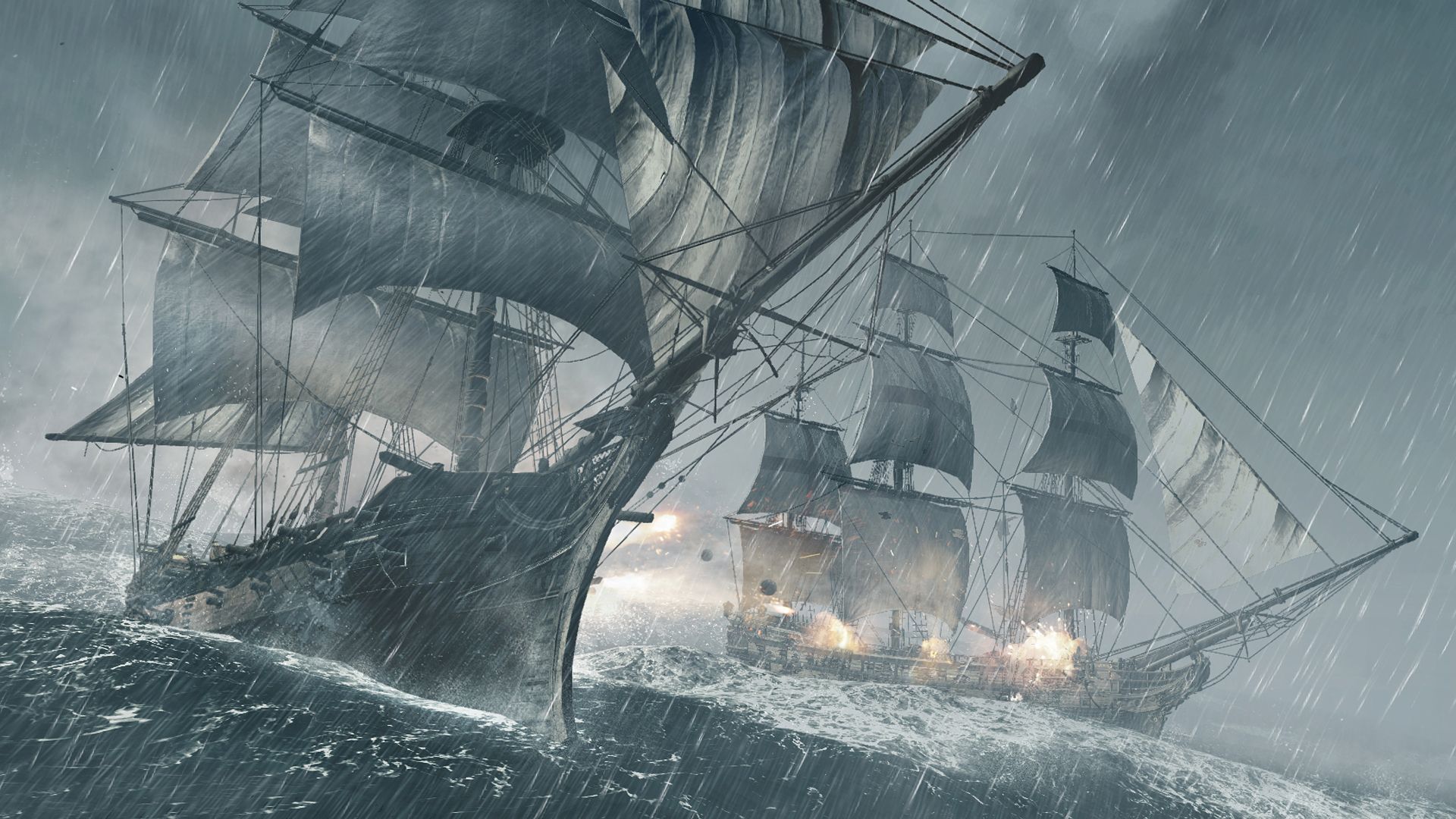 Two tall sailing ships exchange fire in rough water.