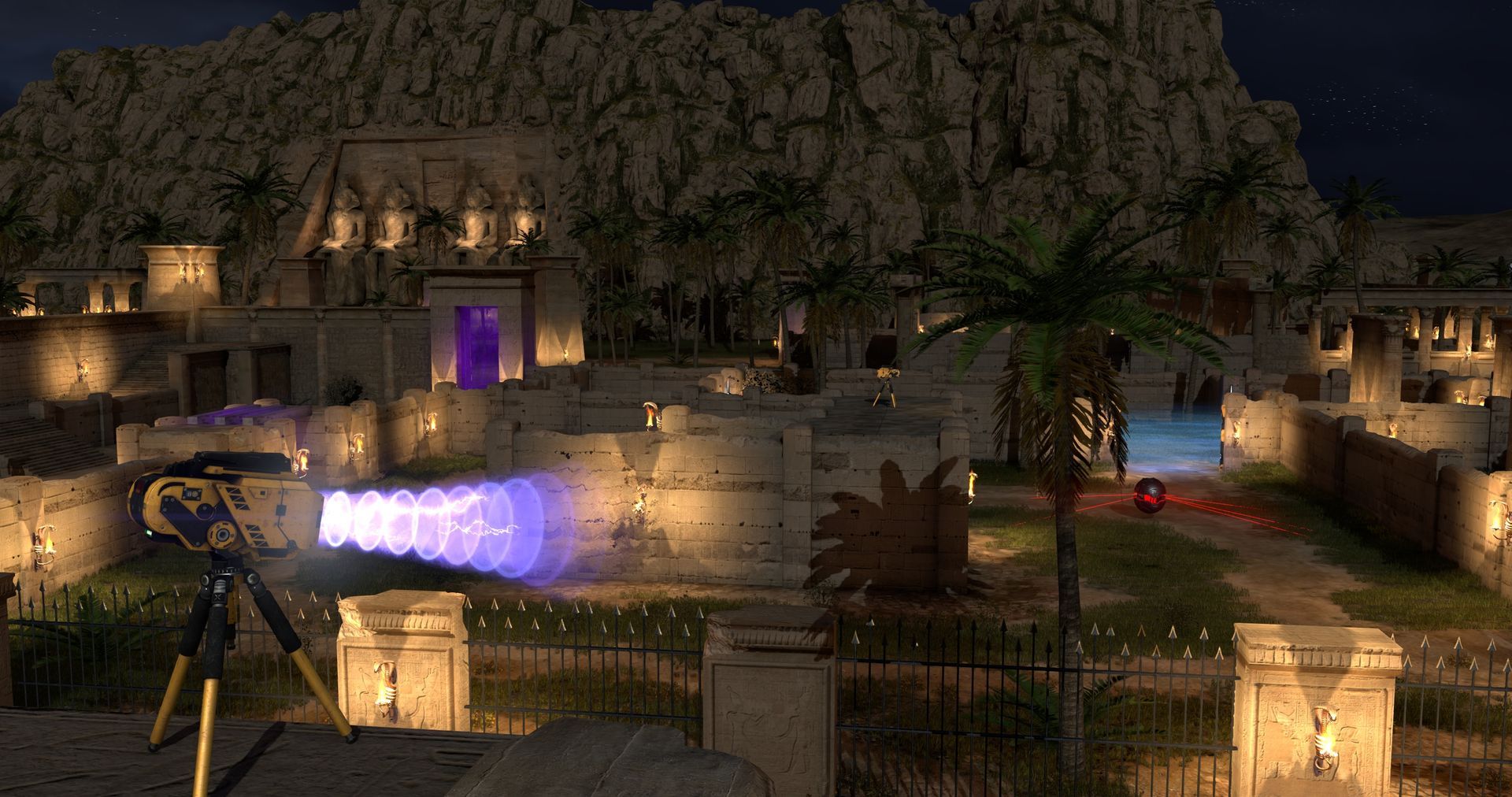 A jammer faces a purple barrier in an Egyptian-style ruin at night.