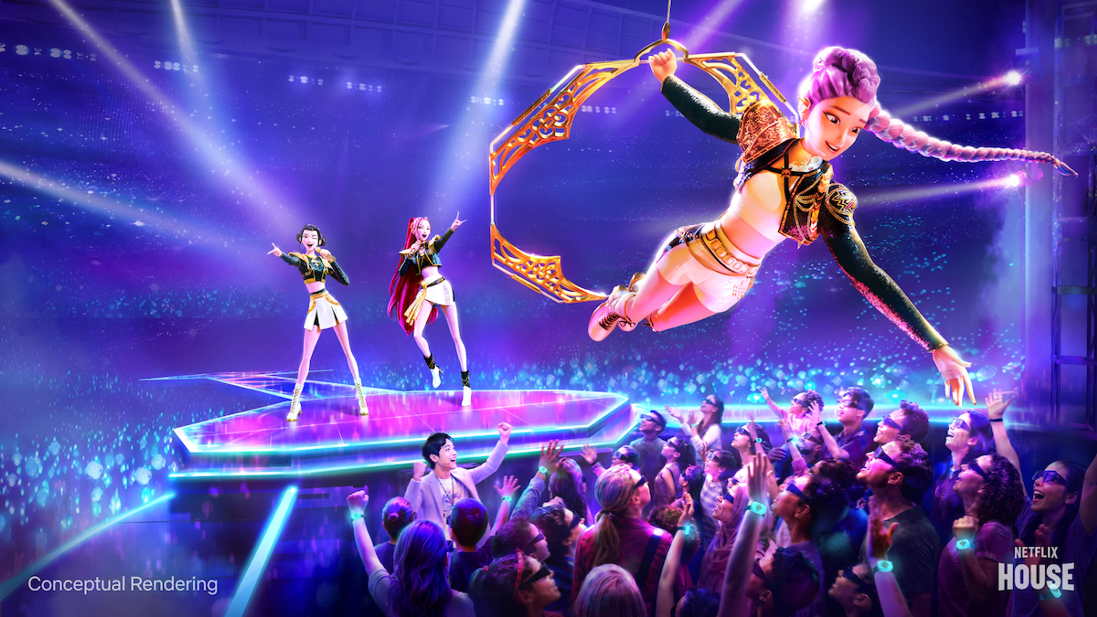 Concept art shows HUNTR/X performing above a crowd inside the KPop Demon Hunters immersive experience.