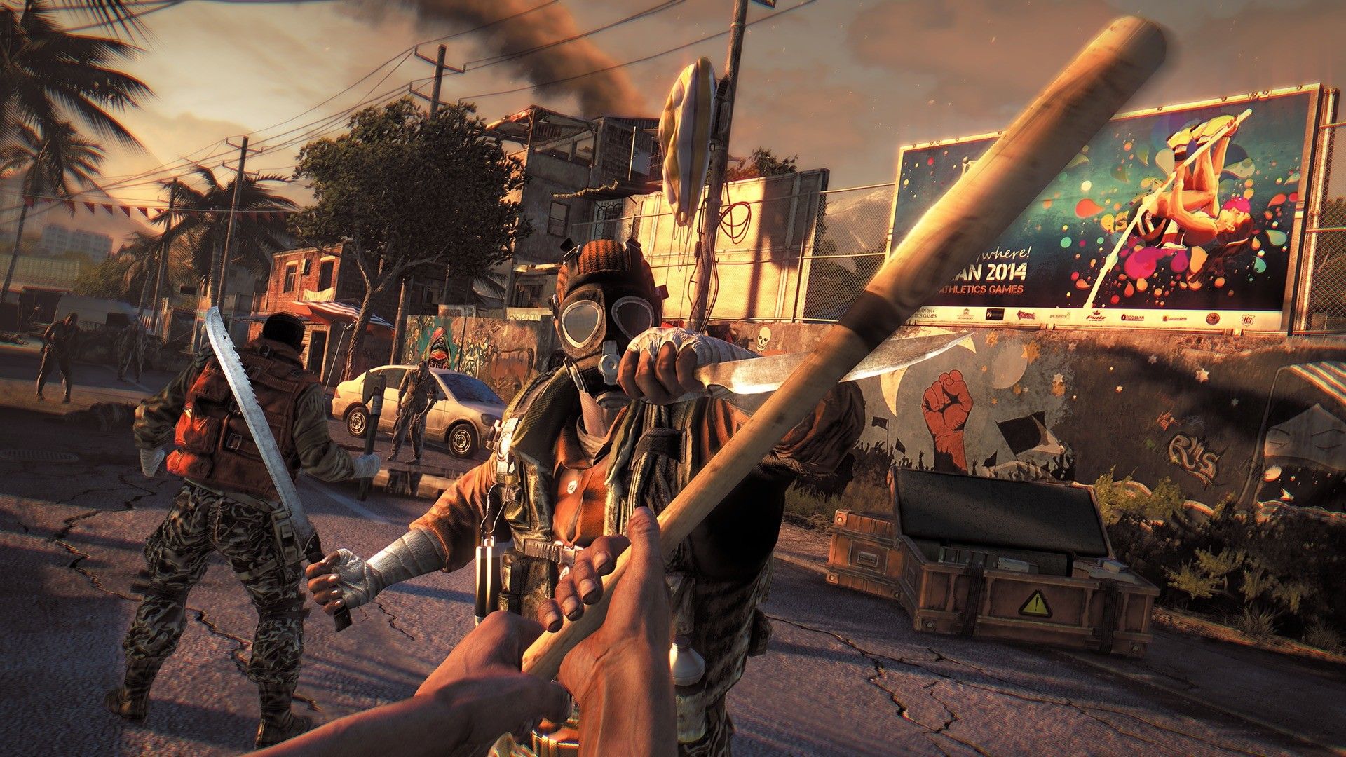 A first-person view of a survivor carrying a melee weapon on a street occupied by infected people.