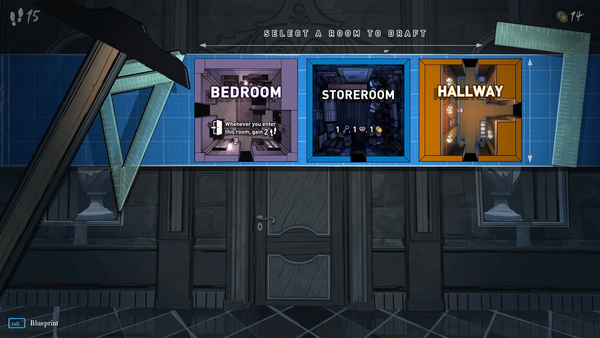 Bedroom, Storeroom and Hallway cards offer three room choices in Blue Prince.