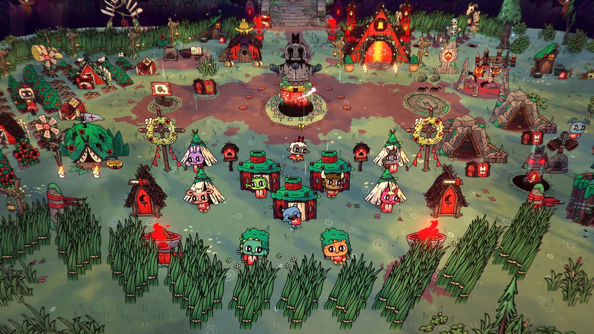 The Lamb stands in a large settlement filled with followers and buildings.